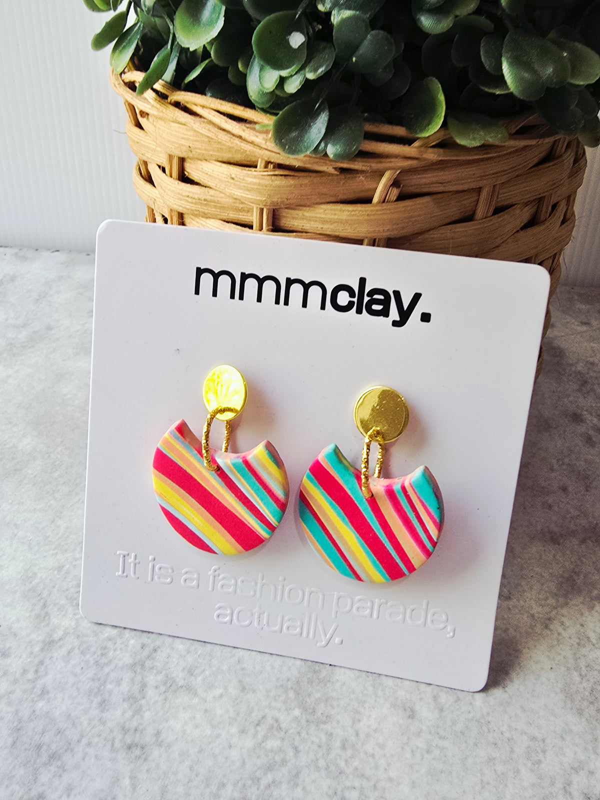 Multicolour Striped Polymer Clay Statement Drop Earrings | 9K Gold Plated