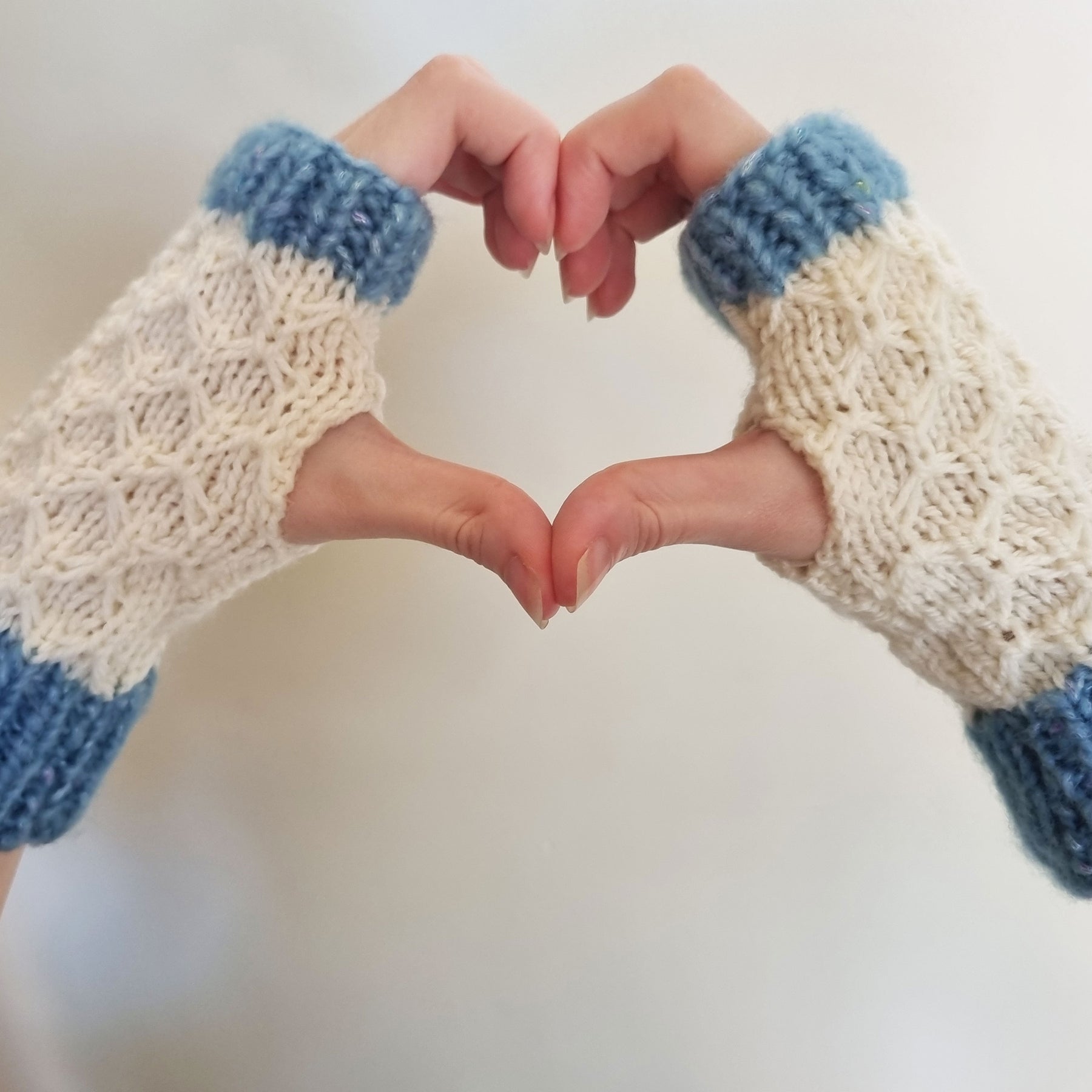 Handwarmer - Blue & White hand knitted fingerless gloves