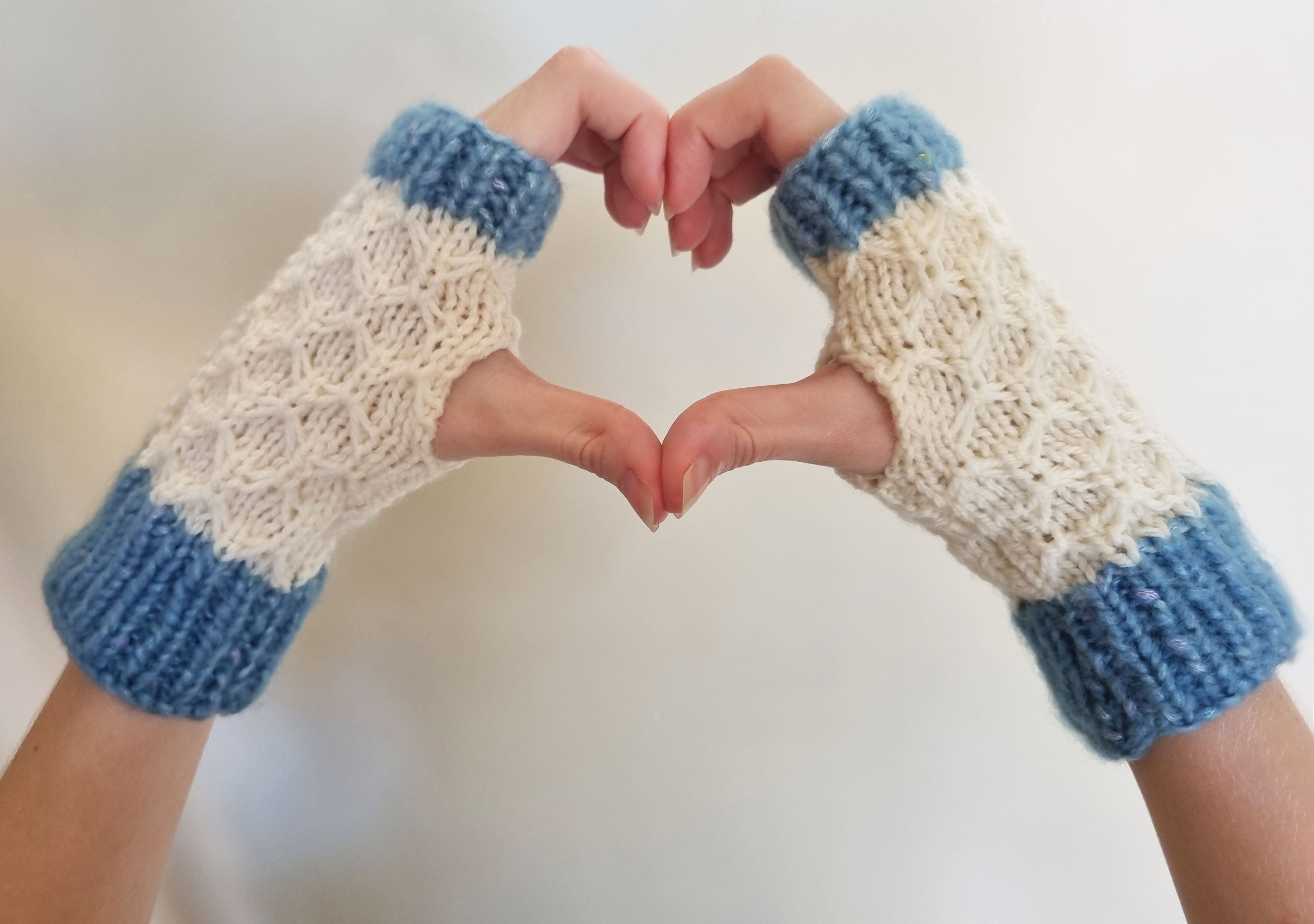 Handwarmer - Blue & White hand knitted fingerless gloves