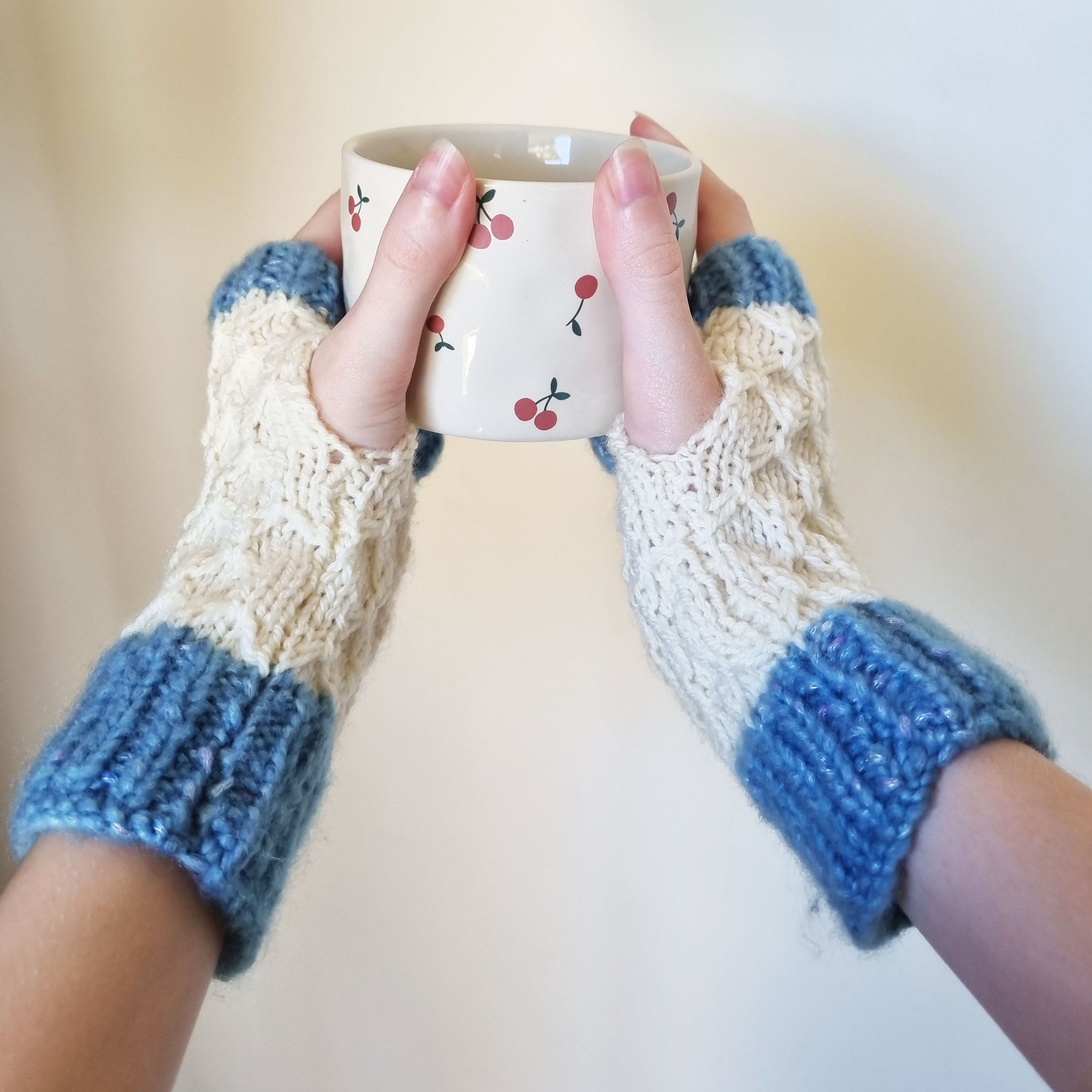 Handwarmer - Blue & White hand knitted fingerless gloves