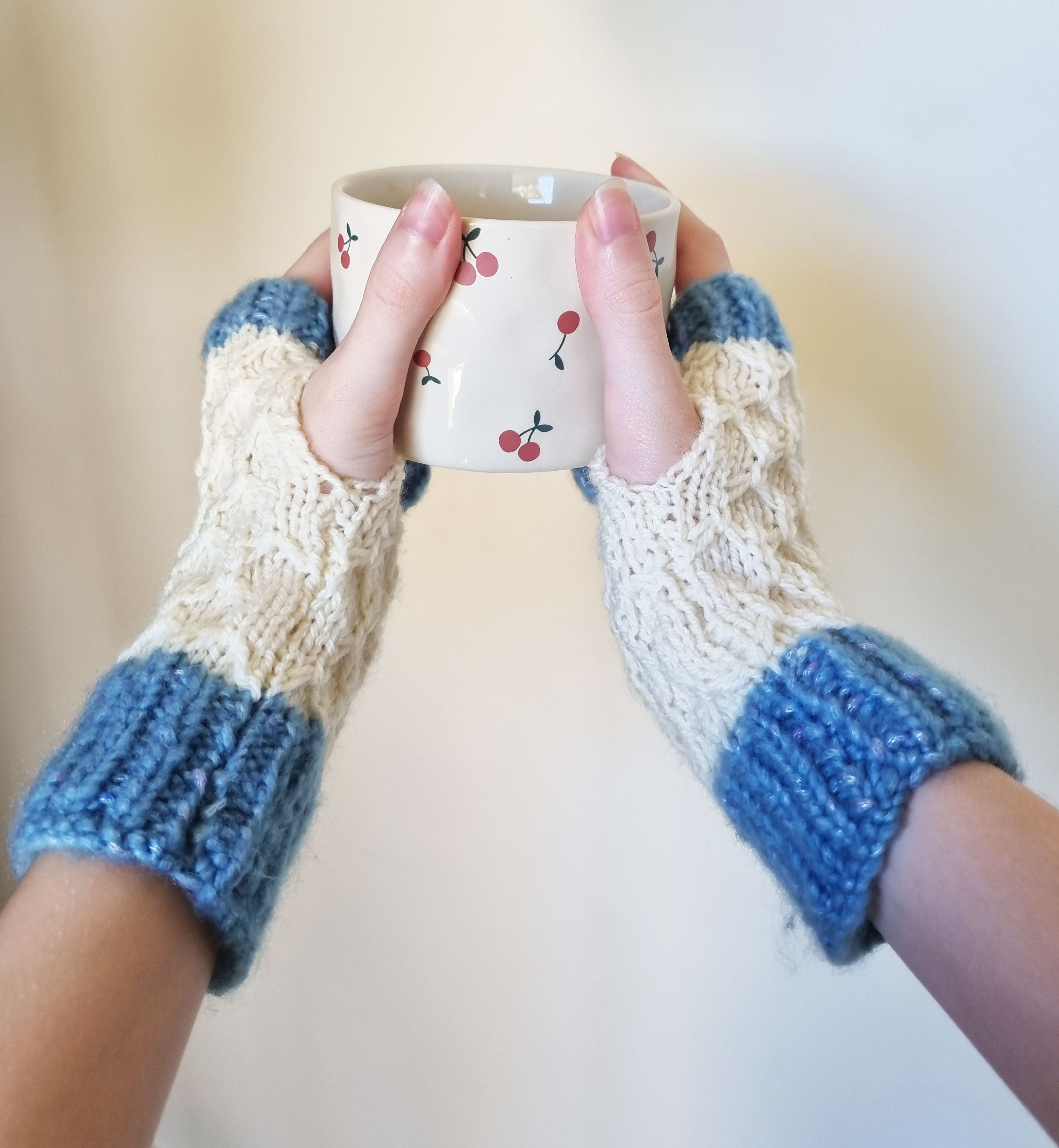 Handwarmer - Blue & White hand knitted fingerless gloves
