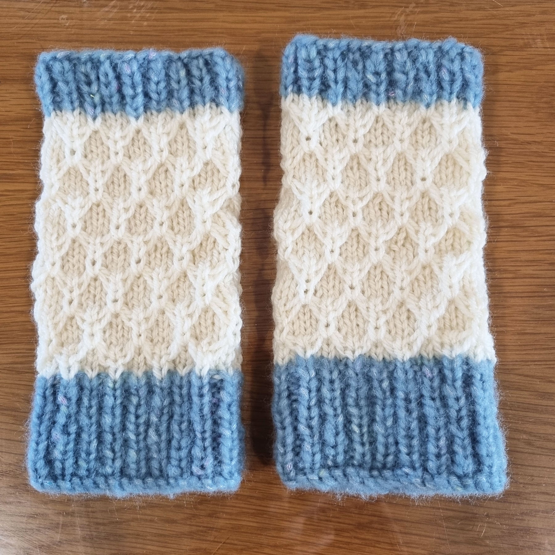 Handwarmer - Blue & White hand knitted fingerless gloves