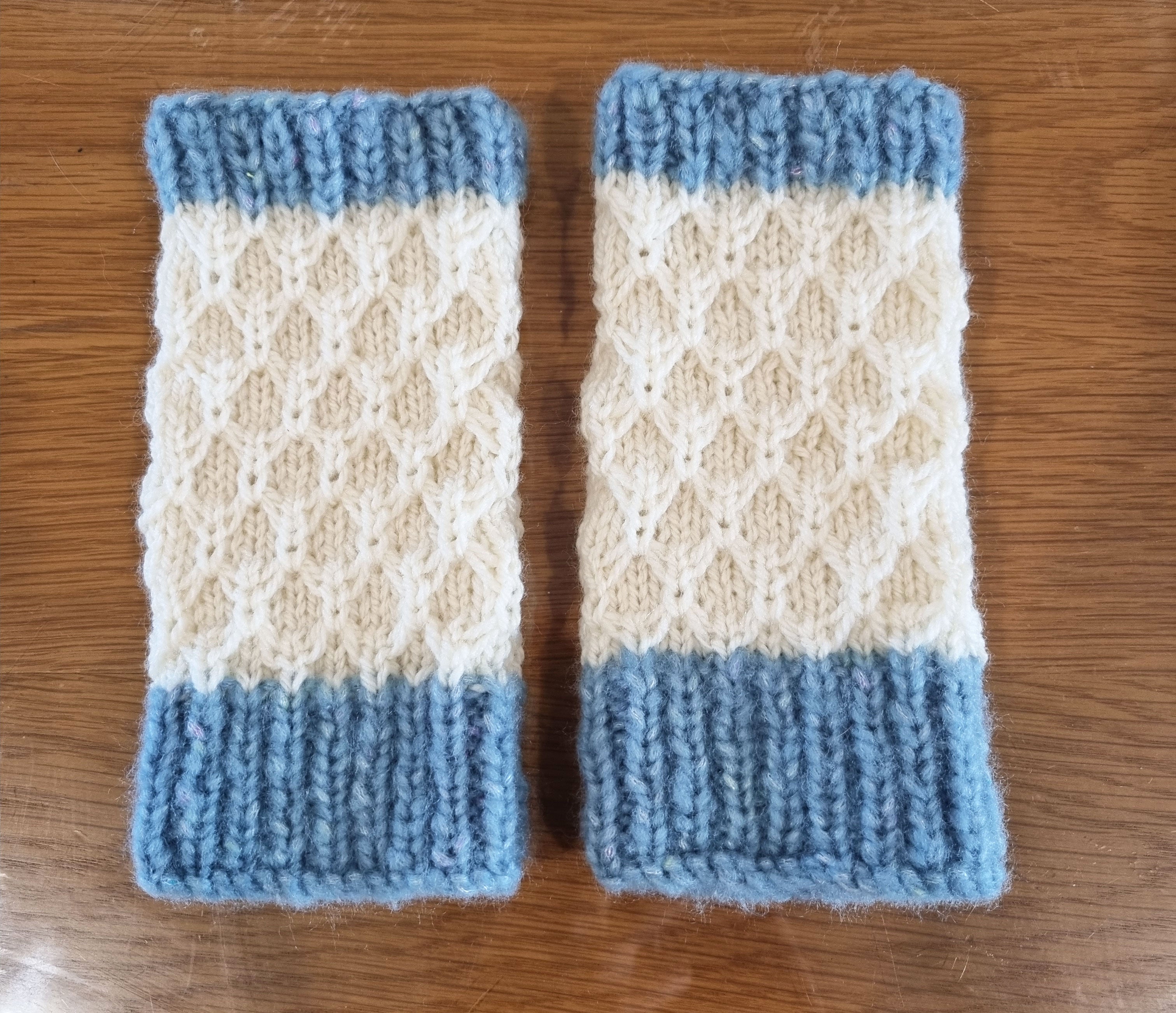 Hand Warmers - Blue & White hand knitted