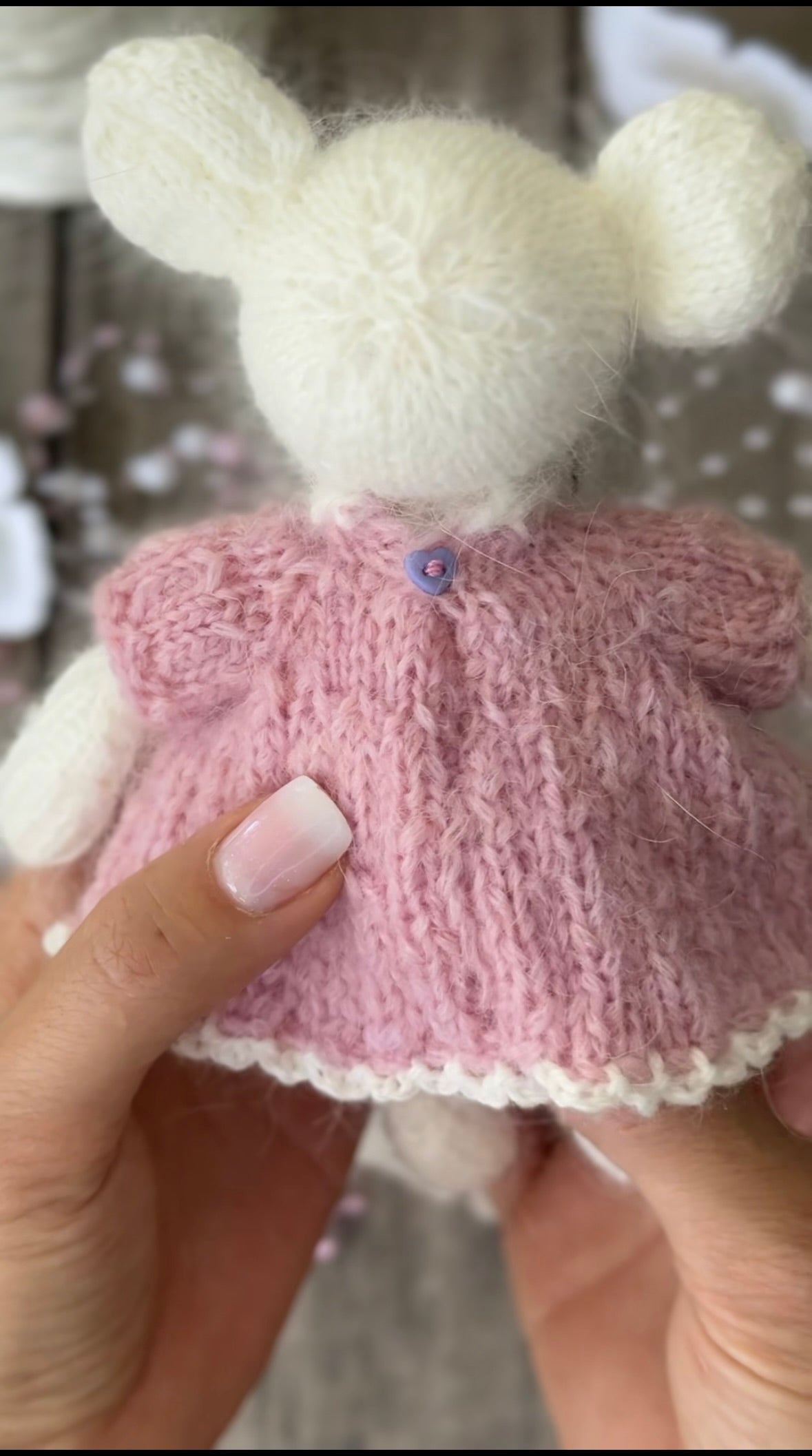 White Knitted Mouse in the Pink Dress with Red Heart