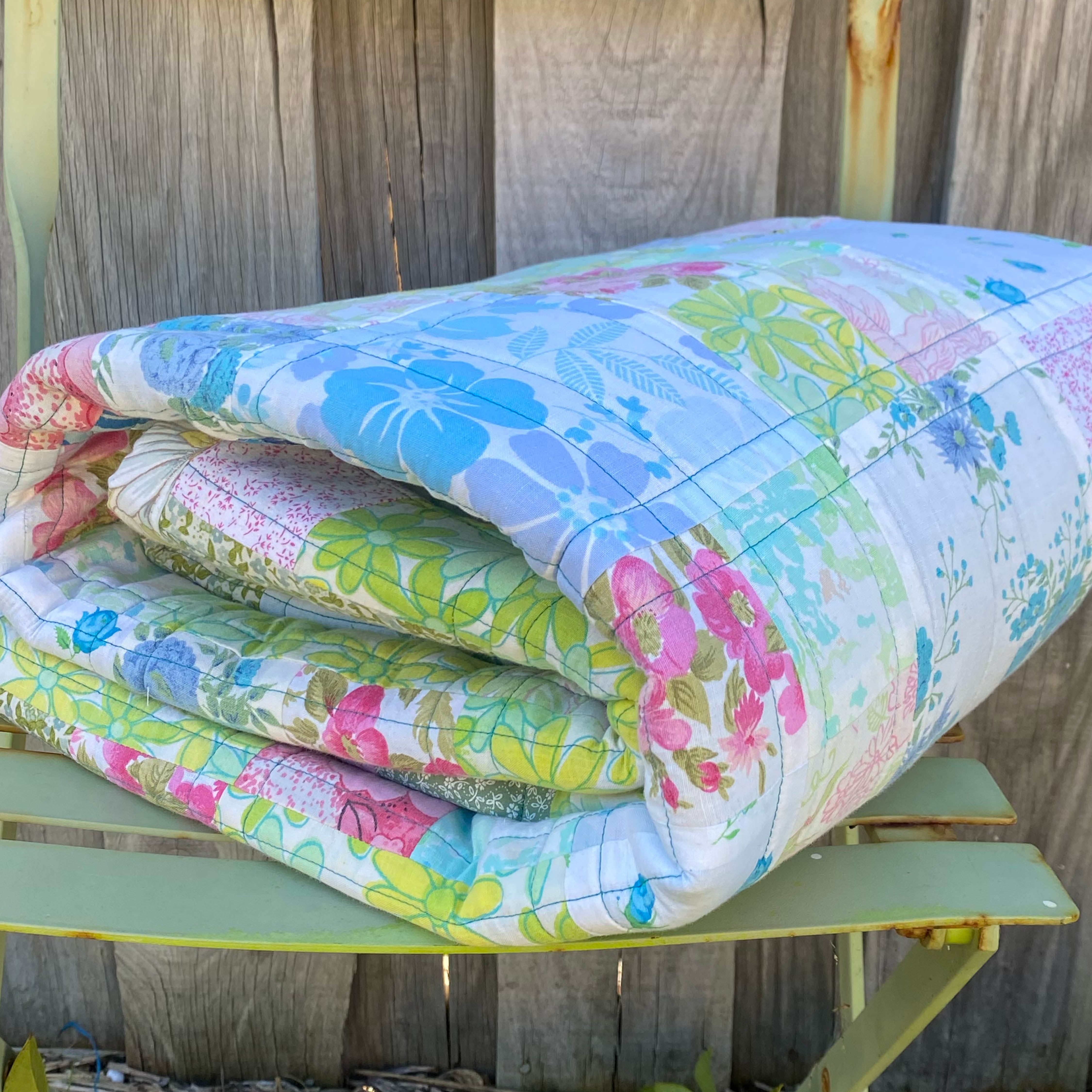 Pastel Charm Handmade Quilt Upcycled Vintage Fabrics & Wool Blanket