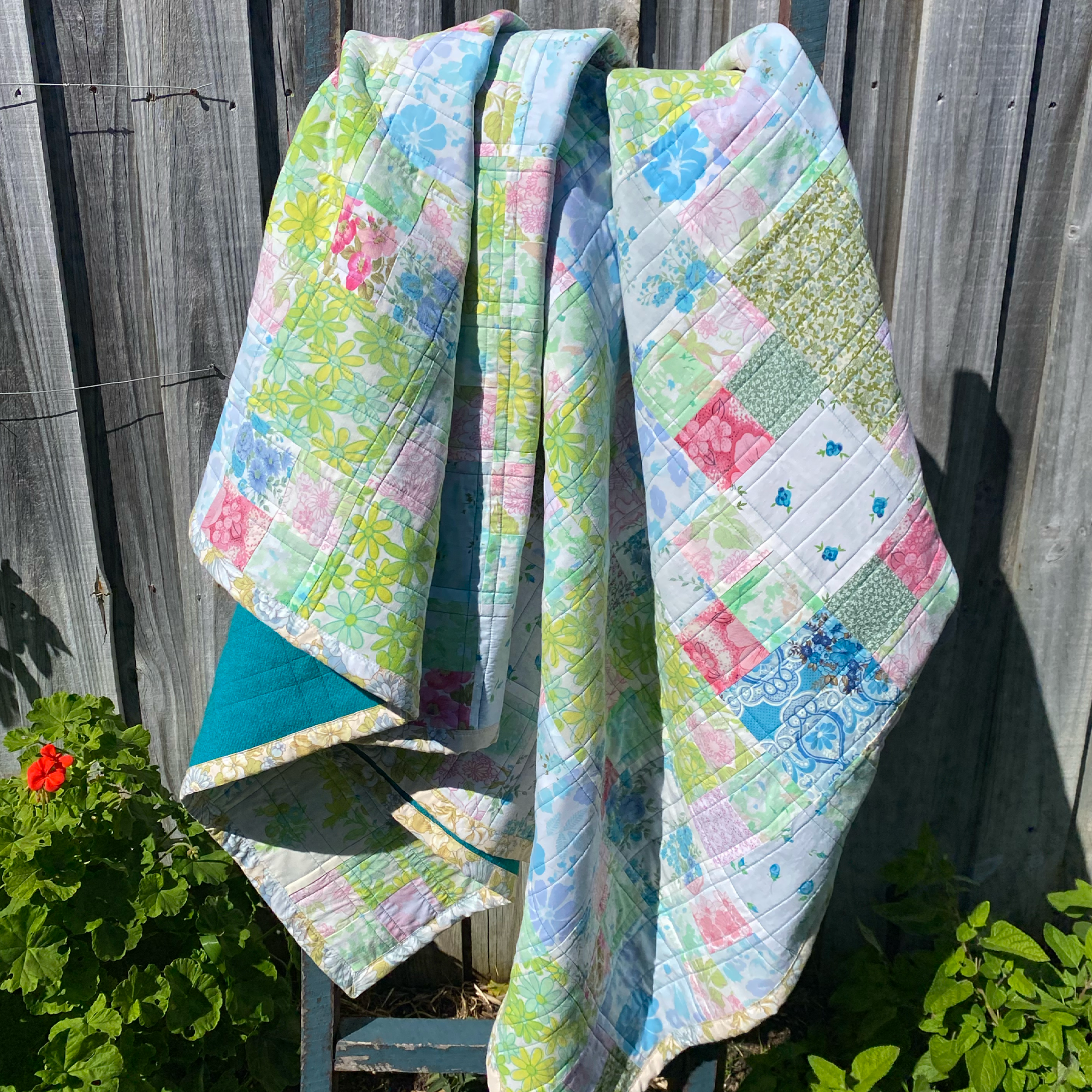 Pastel Charm Handmade Quilt Upcycled Vintage Fabrics & Wool Blanket