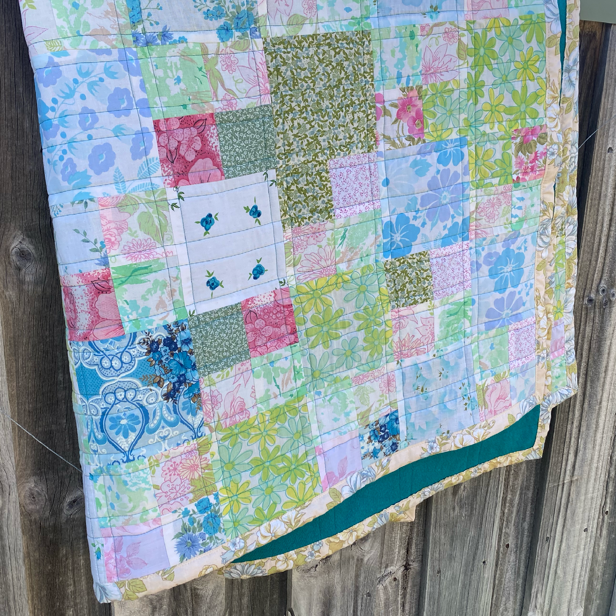 Pastel Charm Handmade Quilt Upcycled Vintage Fabrics & Wool Blanket