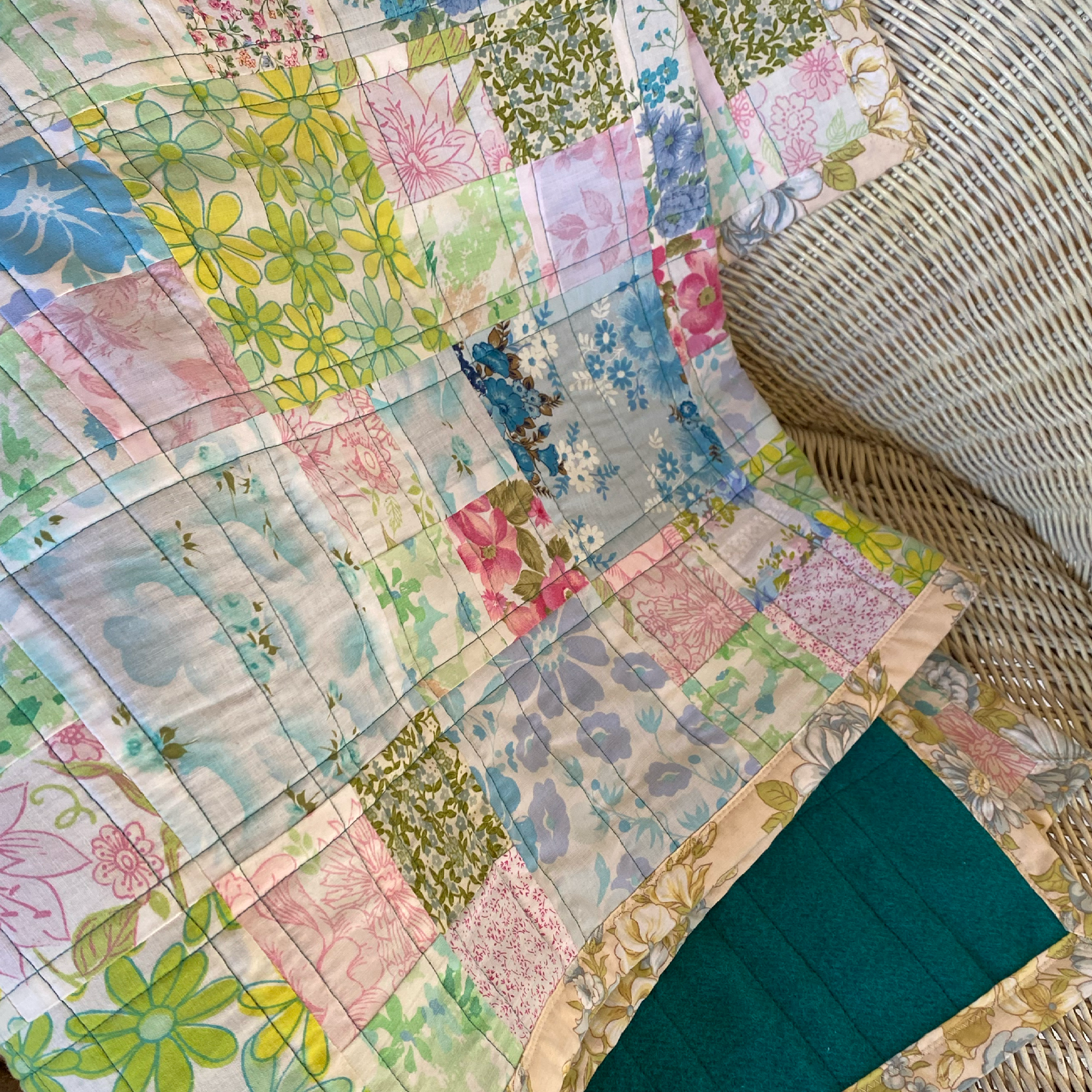 Pastel Charm Handmade Quilt Upcycled Vintage Fabrics & Wool Blanket