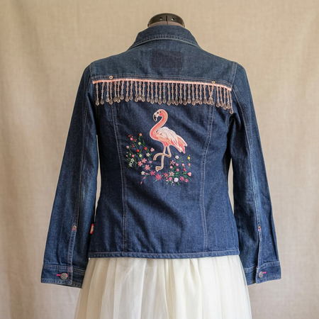 Upcycled Pink Denim Flamingo Beaded Jacket