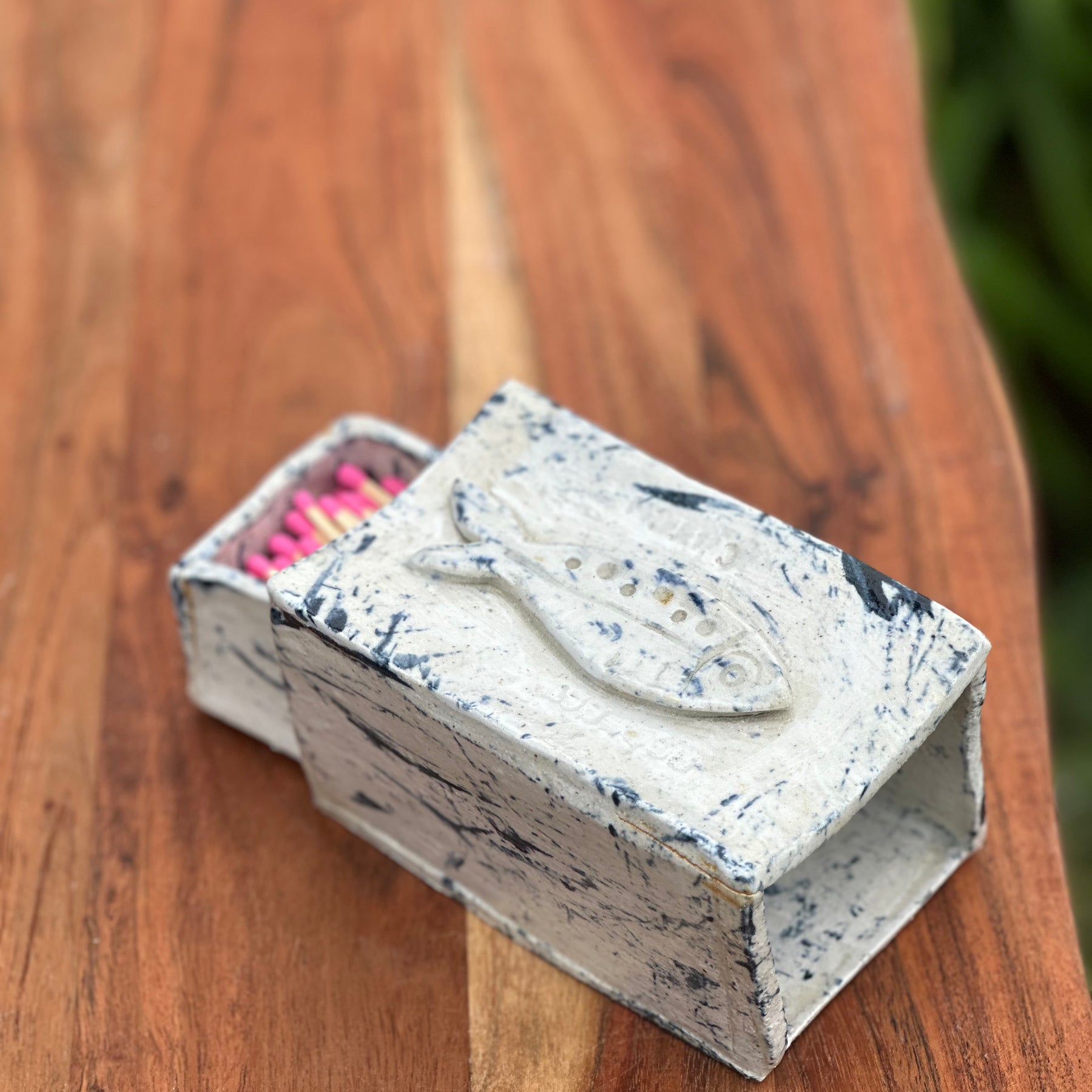 Perfect Catch | Handmade Ceramic Matchbox Holder | Fish Design | Gold Kintsugi-Style Detail