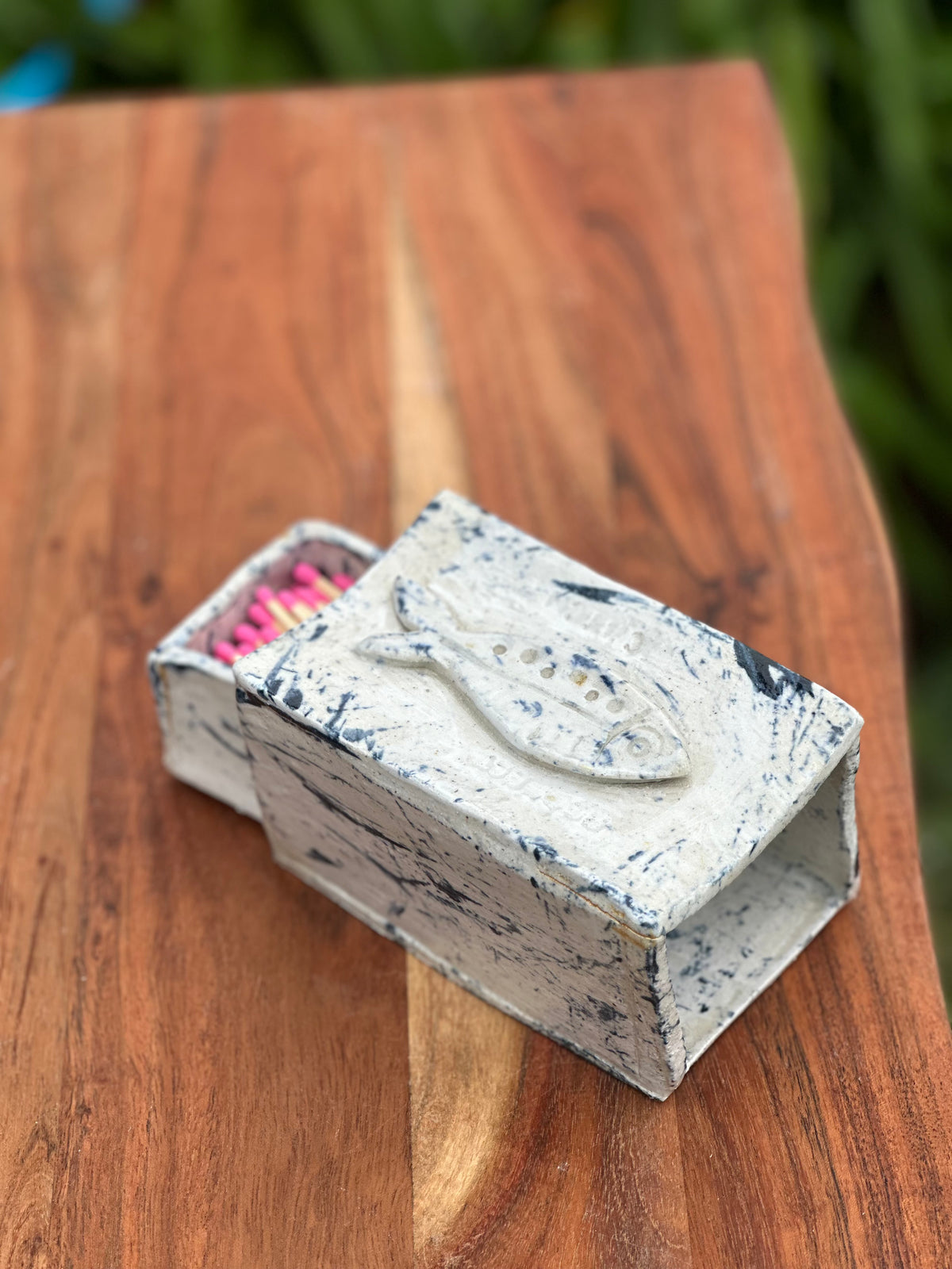 Perfect Catch | Handmade Ceramic Matchbox Holder | Fish Design | Gold Kintsugi-Style Detail