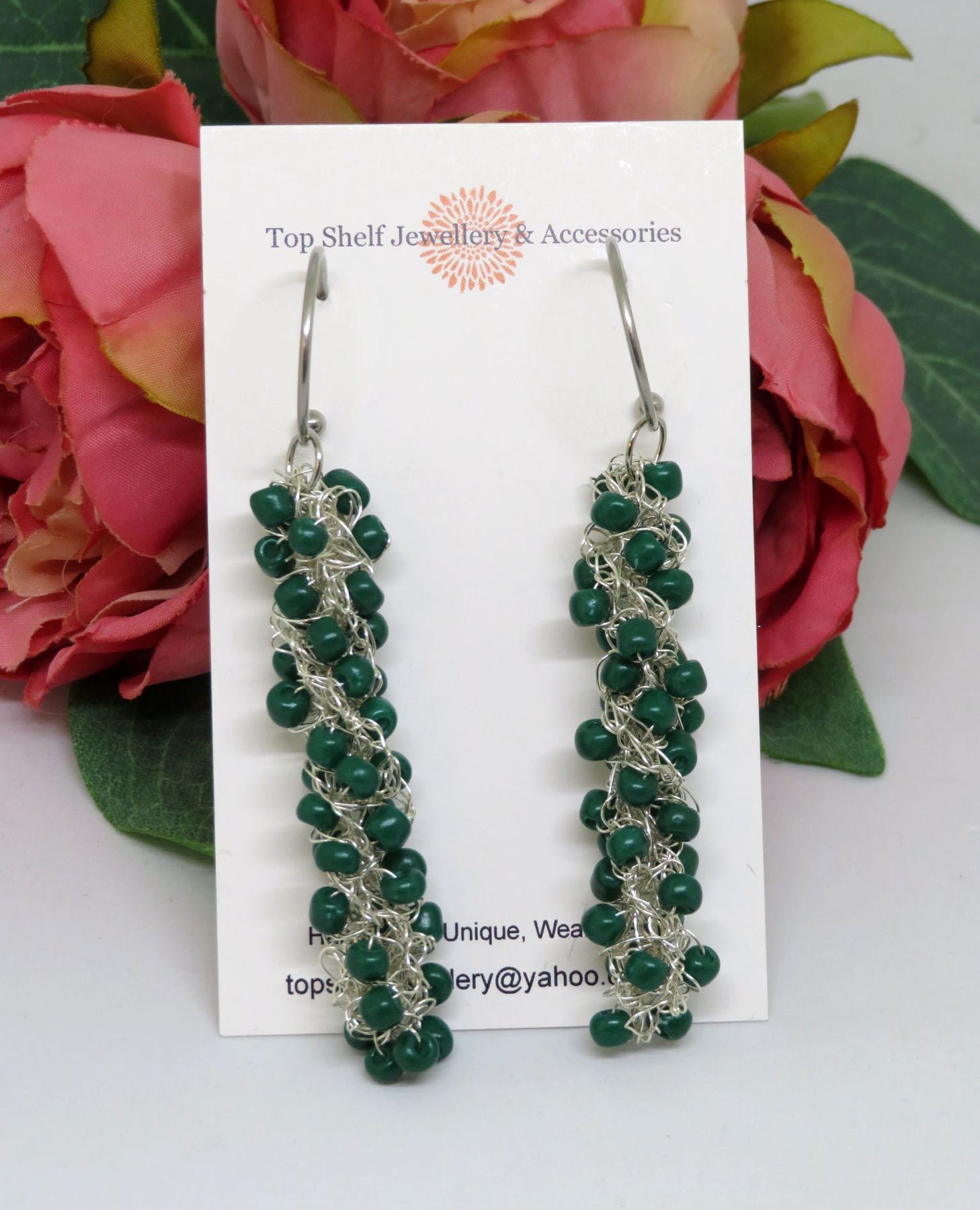Emerald Green Crochet Wire Beaded Earrings
