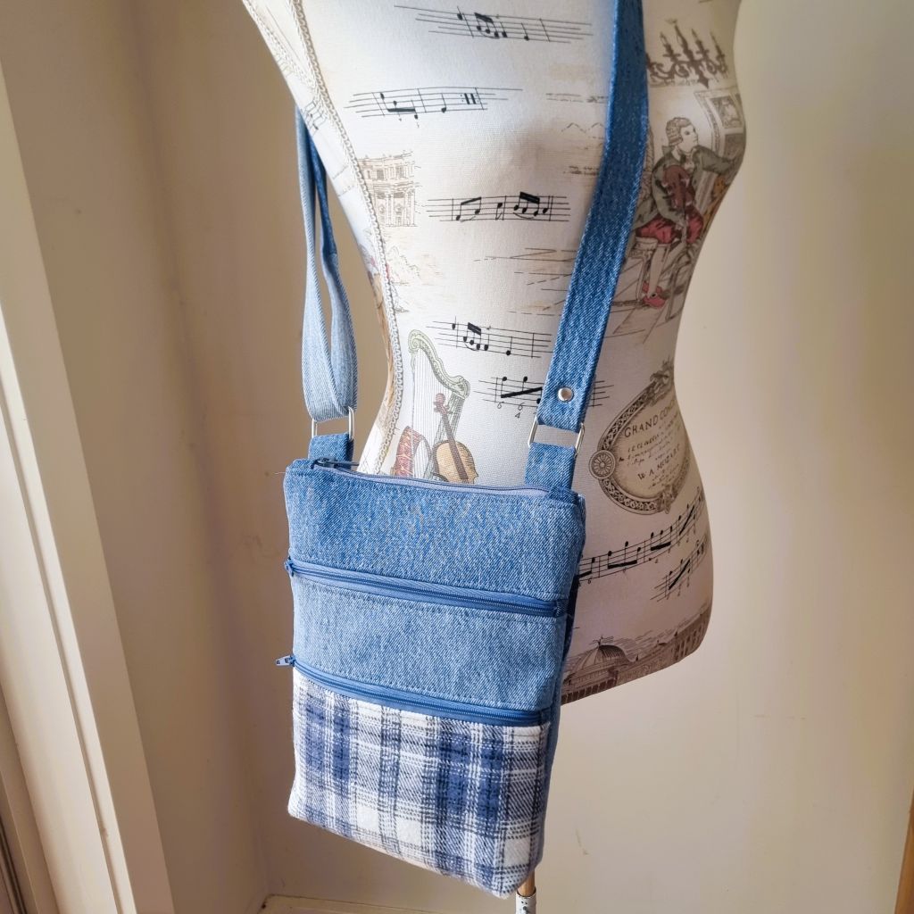 Upcycled triple zipped crossbody - denim and blue grey checked flannel
