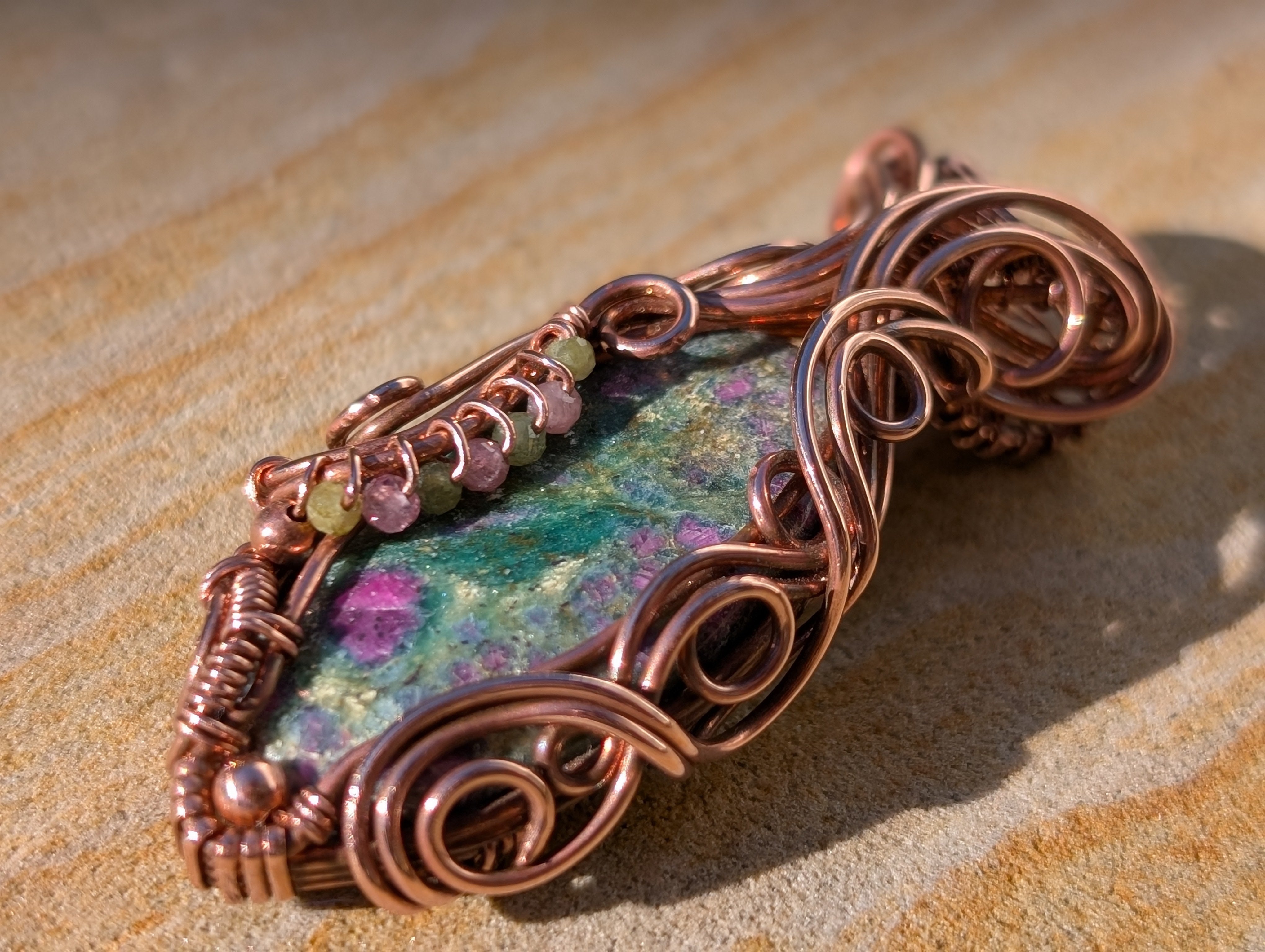 Floral - Ruby Fuchsite & Tourmaline in Copper Pendant
