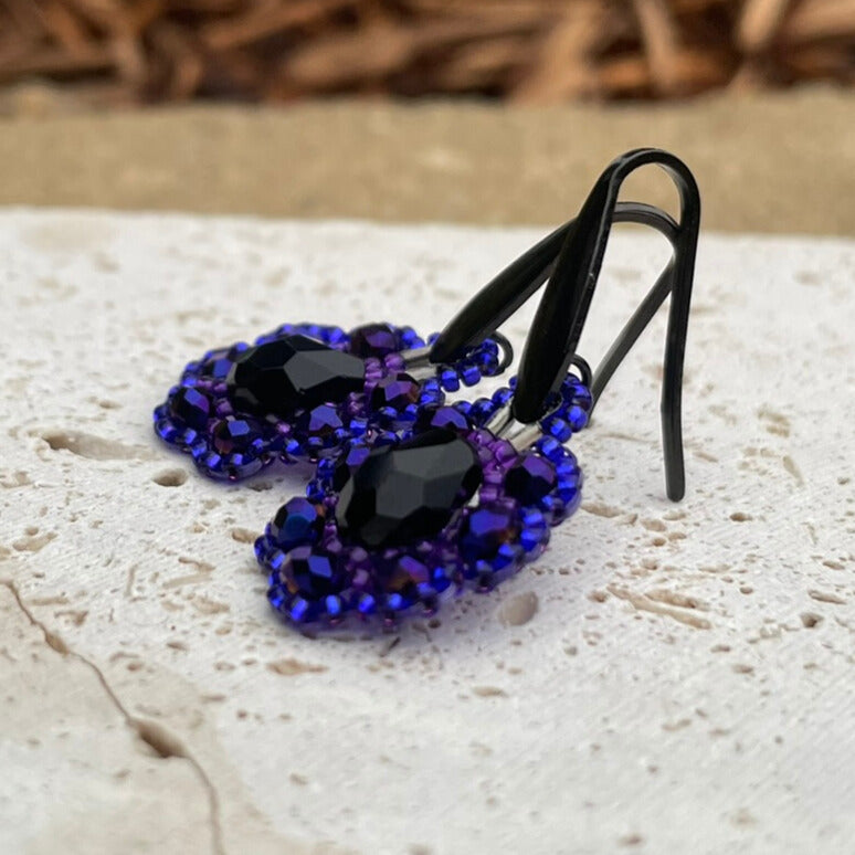 Purple and black delicate hand beaded earrings