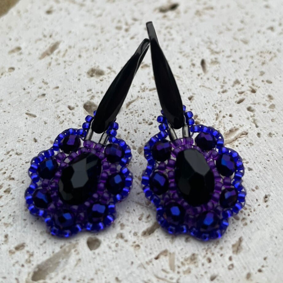 Purple and black delicate hand beaded earrings
