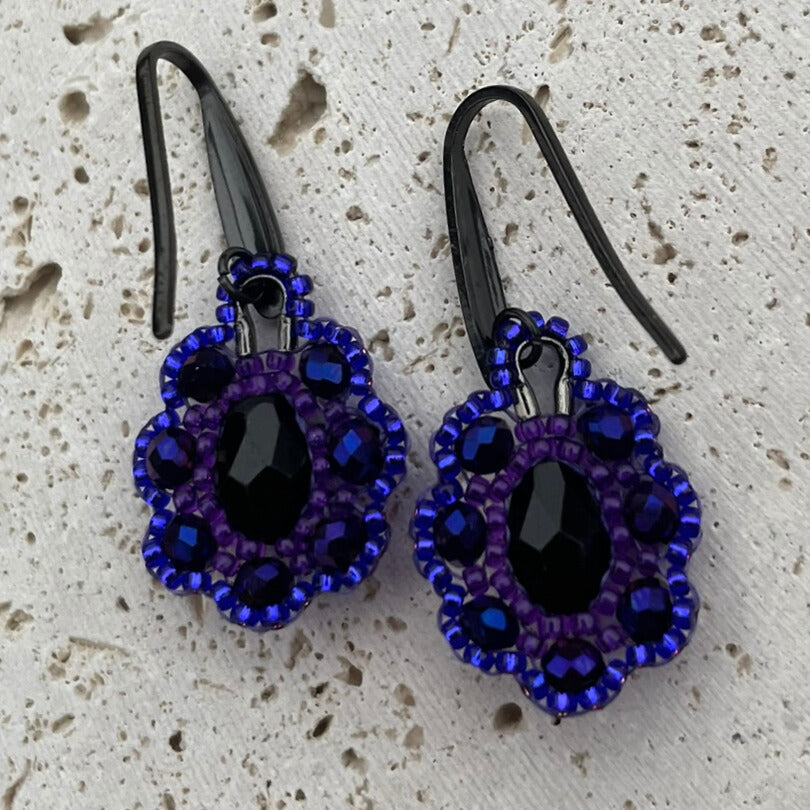 Purple and black delicate hand beaded earrings