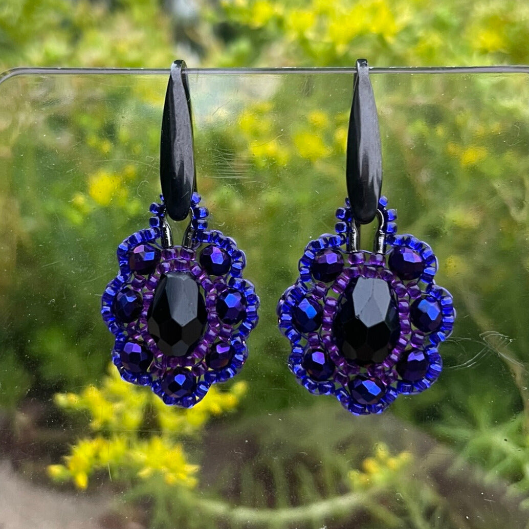 Purple and black delicate hand beaded earrings