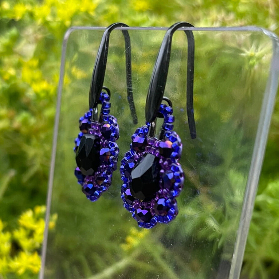 Purple and black delicate hand beaded earrings