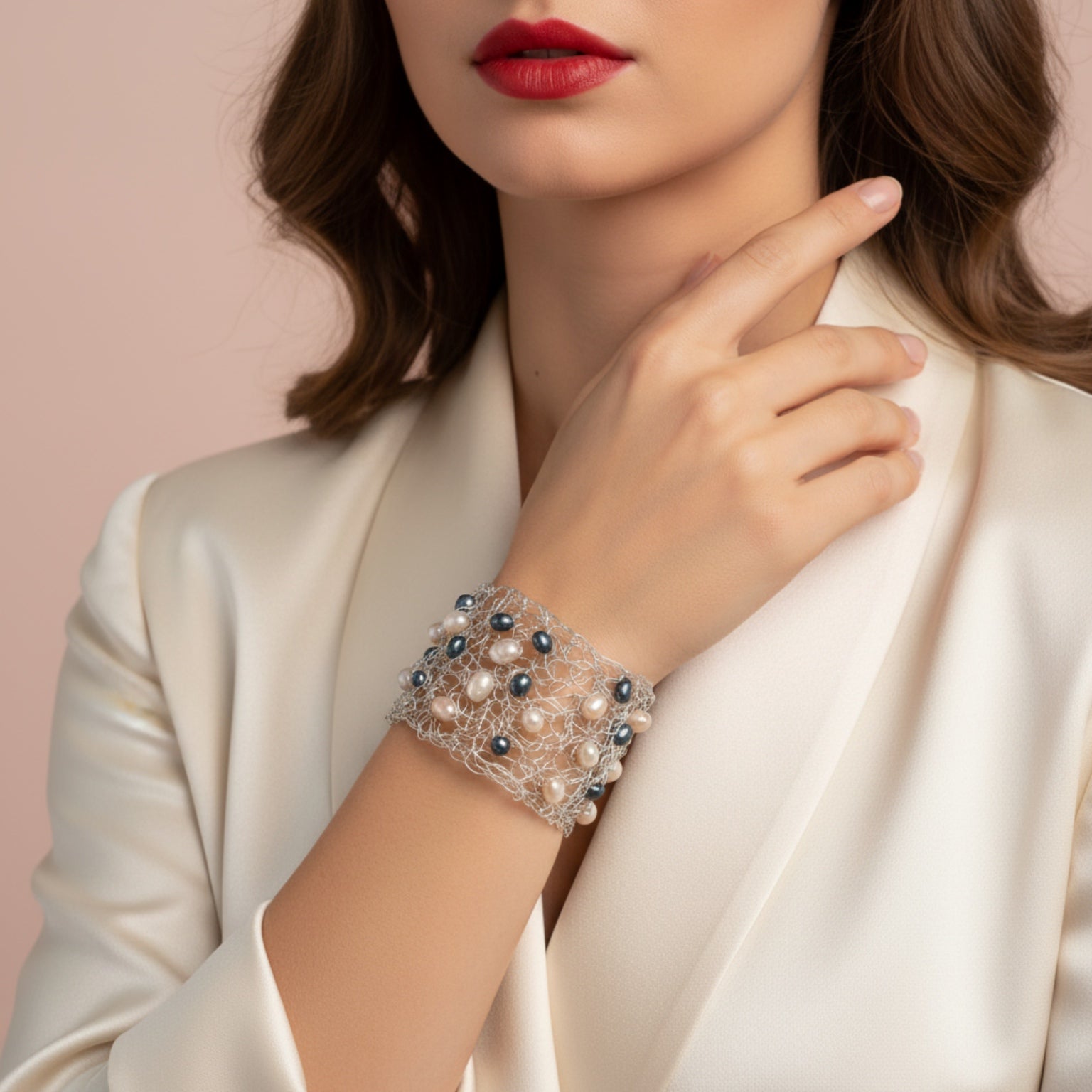 “Pearls Dance” — Peach and dark blue pearls cuff