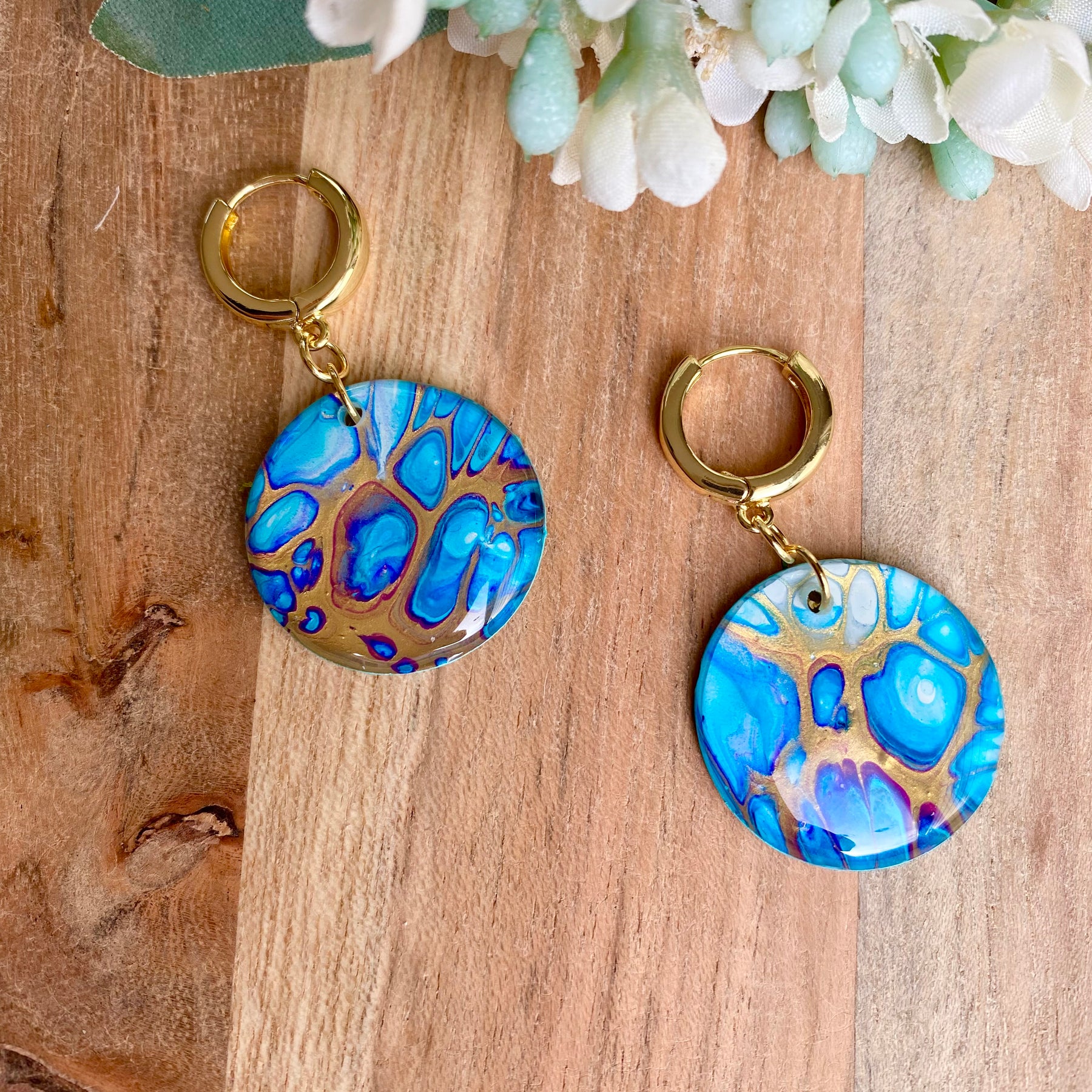 Turquoise and Gold Art Huggie Hoop Earrings