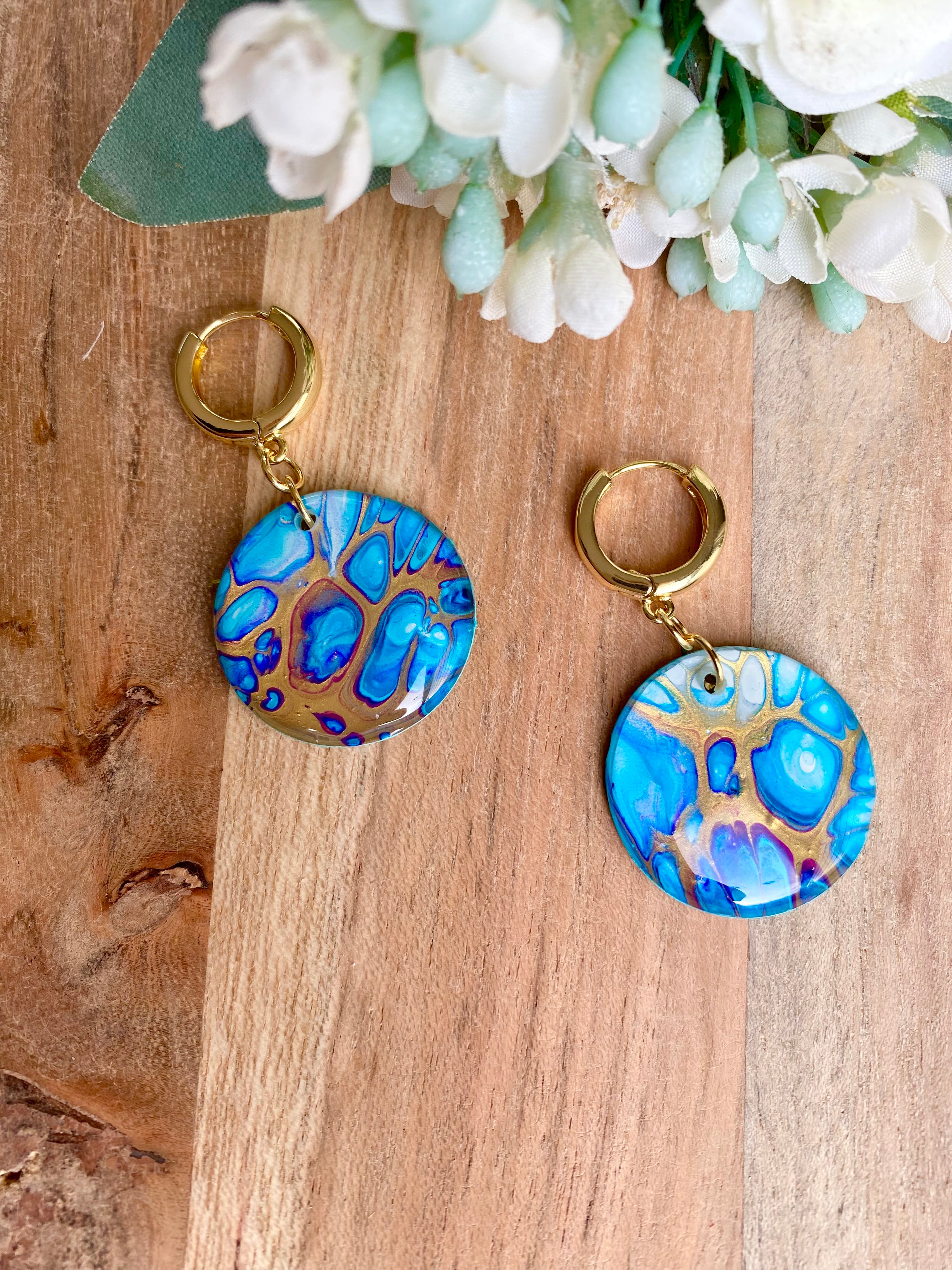 Turquoise and Gold Art Huggie Hoop Earrings