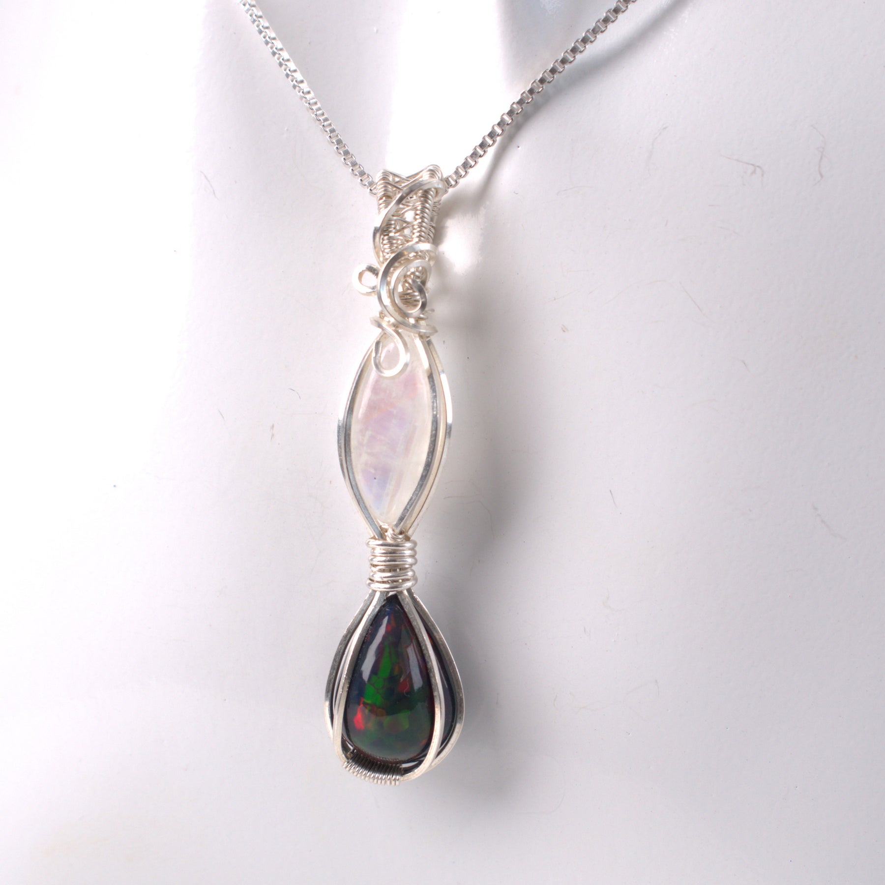 Moon Fire - Black Opal & Moonstone Wire Wrapped Pendant