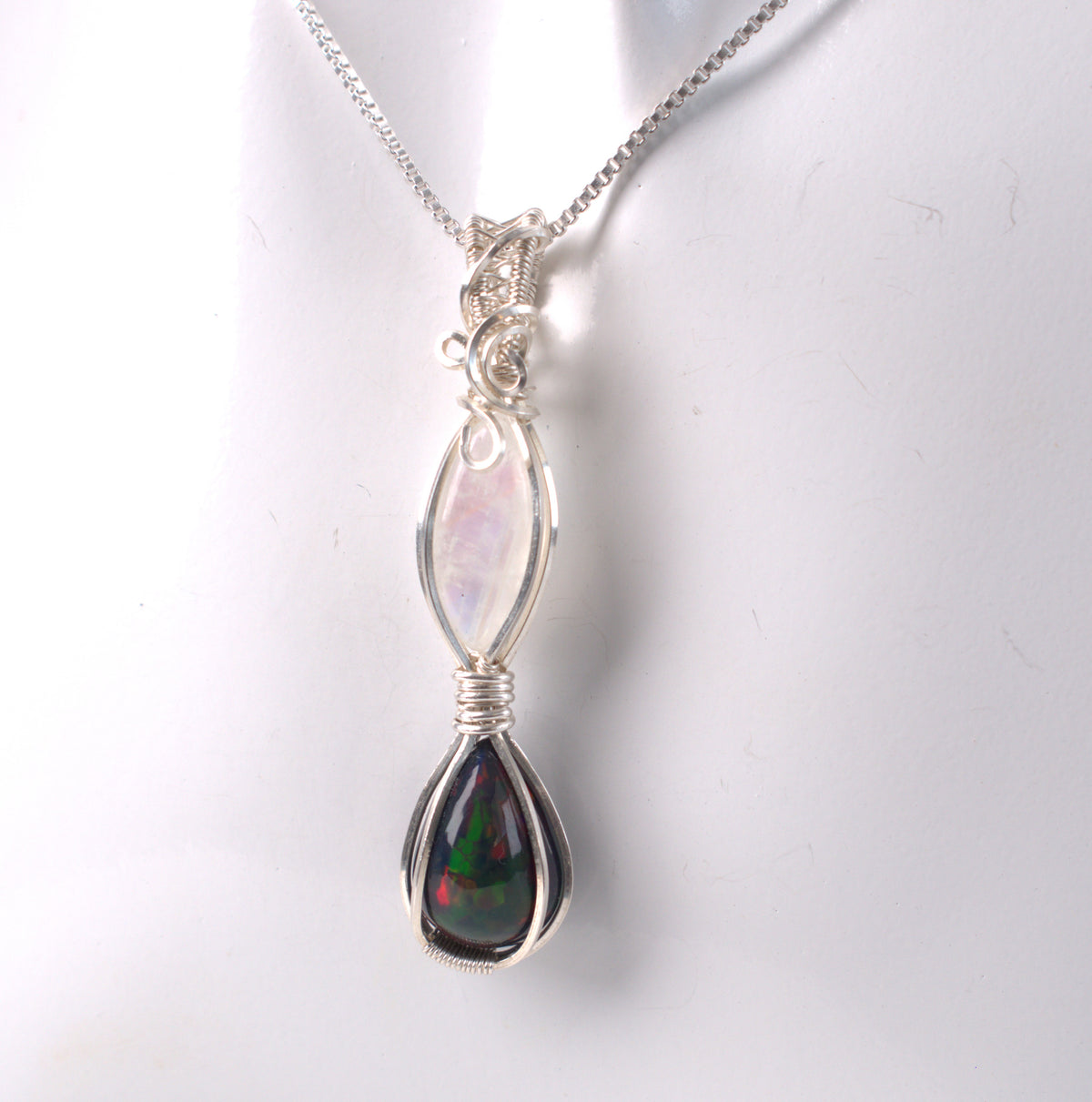 Moon Fire - Black Opal & Moonstone Wire Wrapped Pendant