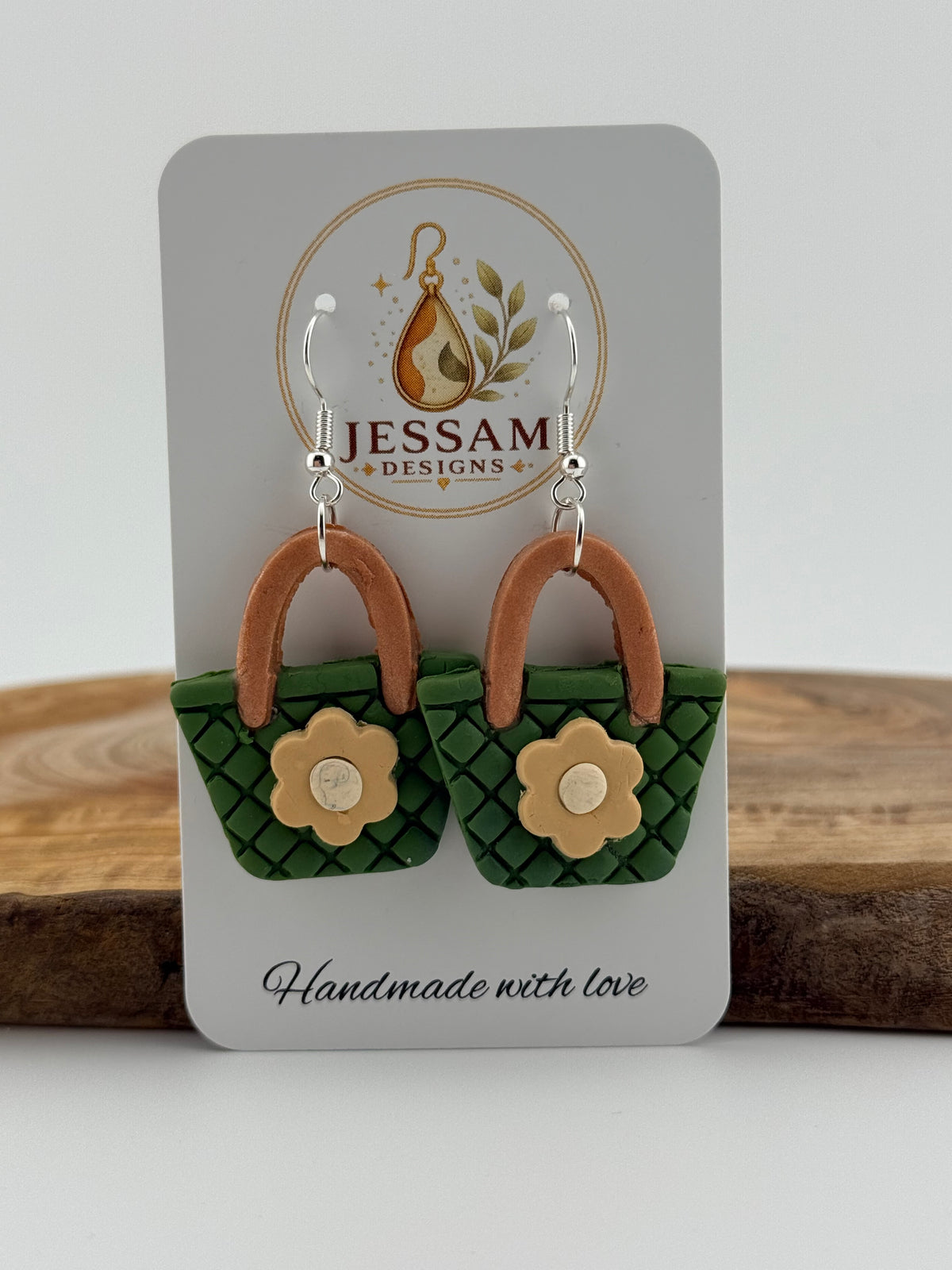 Handmade Green Handbag Polymer Clay Dangle Earrings – Floral Design