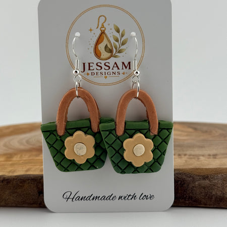 Handmade Green Handbag Polymer Clay Dangle Earrings – Floral Design