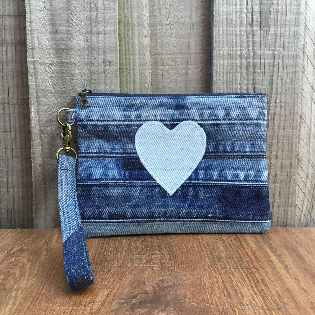 Upcycled Denim Wristlet Purse - Pale Blue Heart