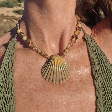 Scallop Shell Necklace with Labradorite and Yellow Opal