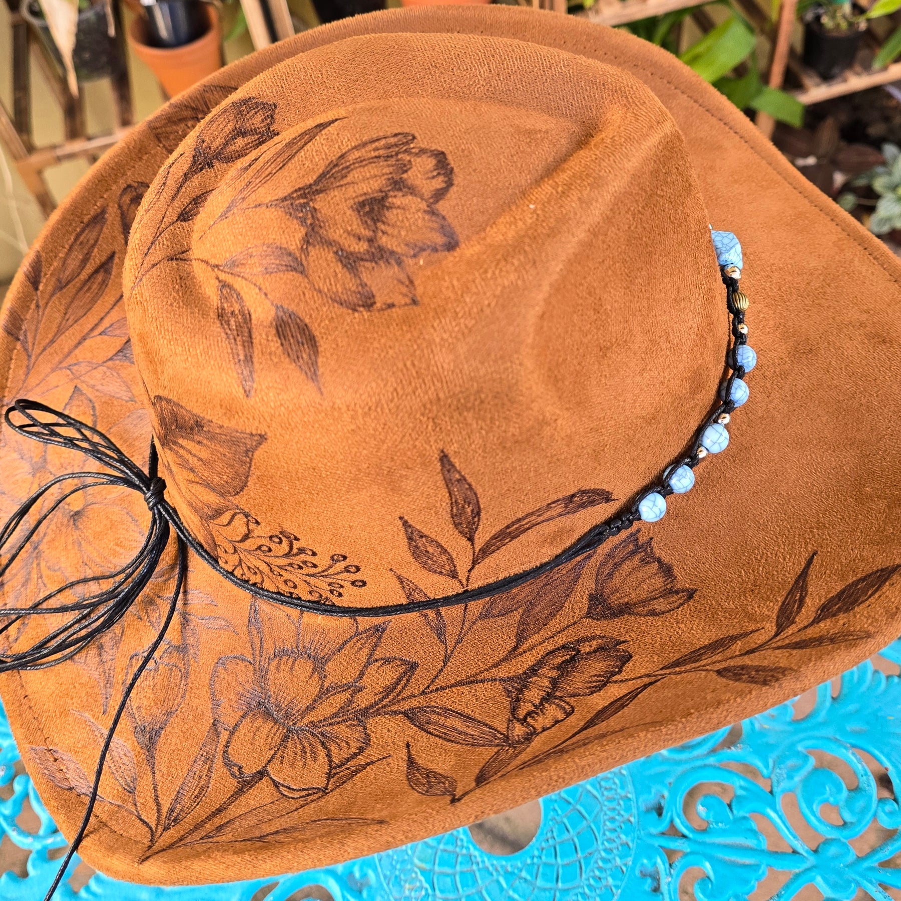 Hand burnt pyrography cowboy hat: The Wild Botanical