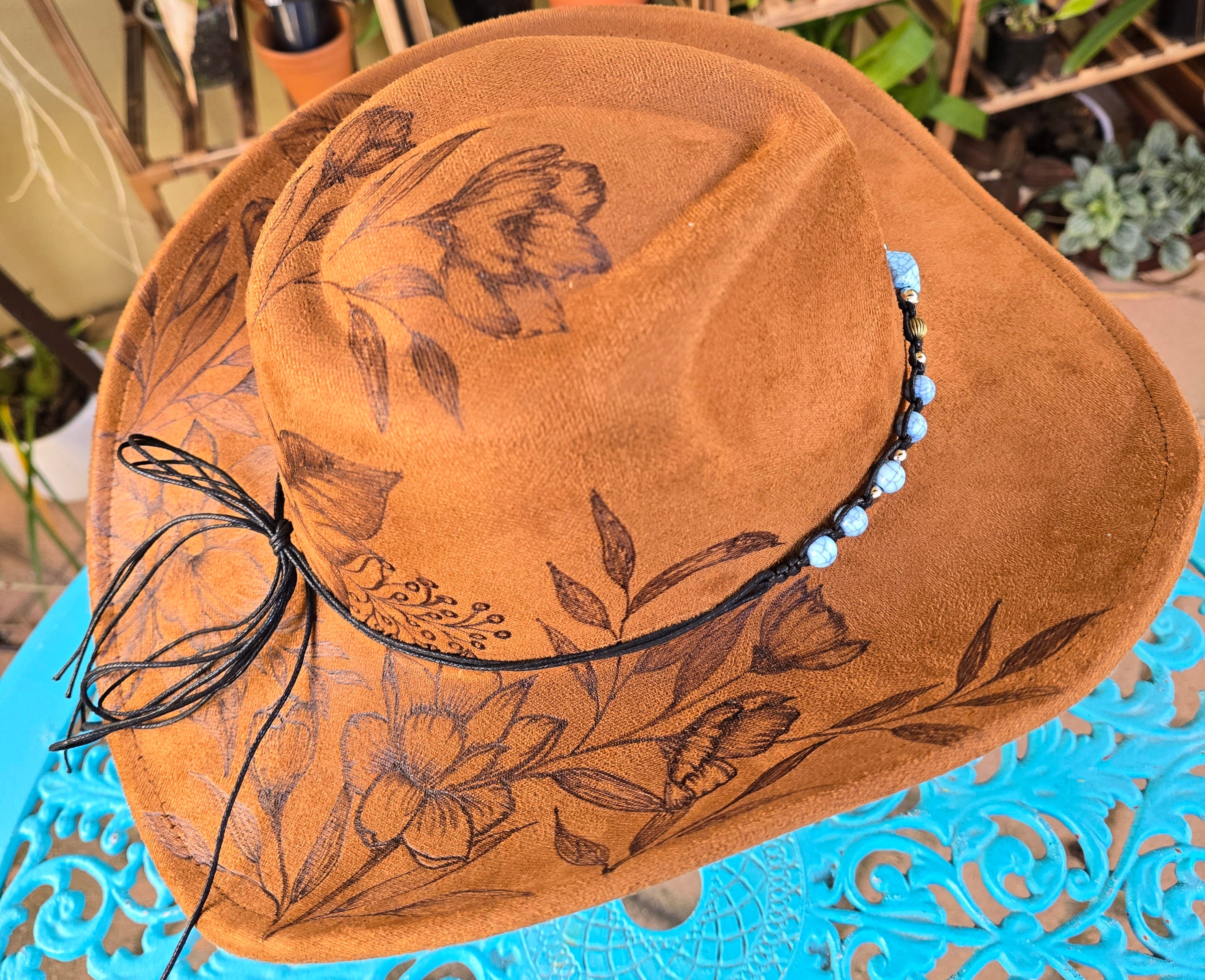 Hand burnt pyrography cowboy hat: The Wild Botanical