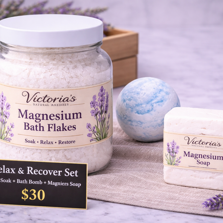 Relax & Recover Set | Magnesium Bath Flakes + Bath Bomb + Magnesium Soap | Self Care Gift Set