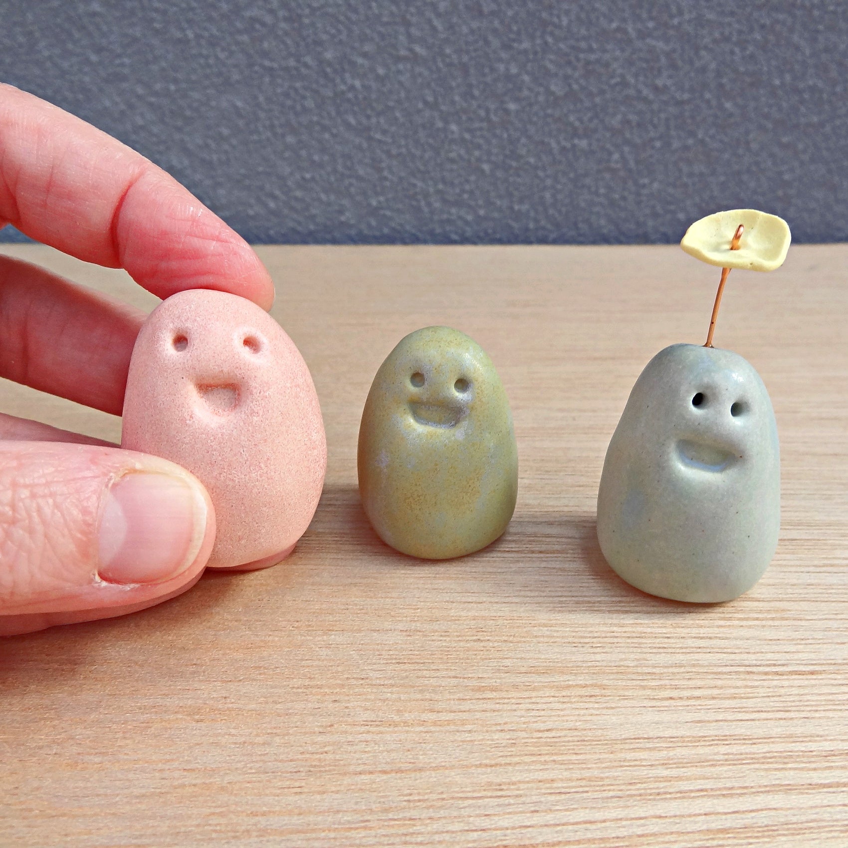 Set of 3 miniature ceramic pebble pets. Collectable tiny ceramic pottery stone friends. Handmade Whimsical Shelf or desk decor