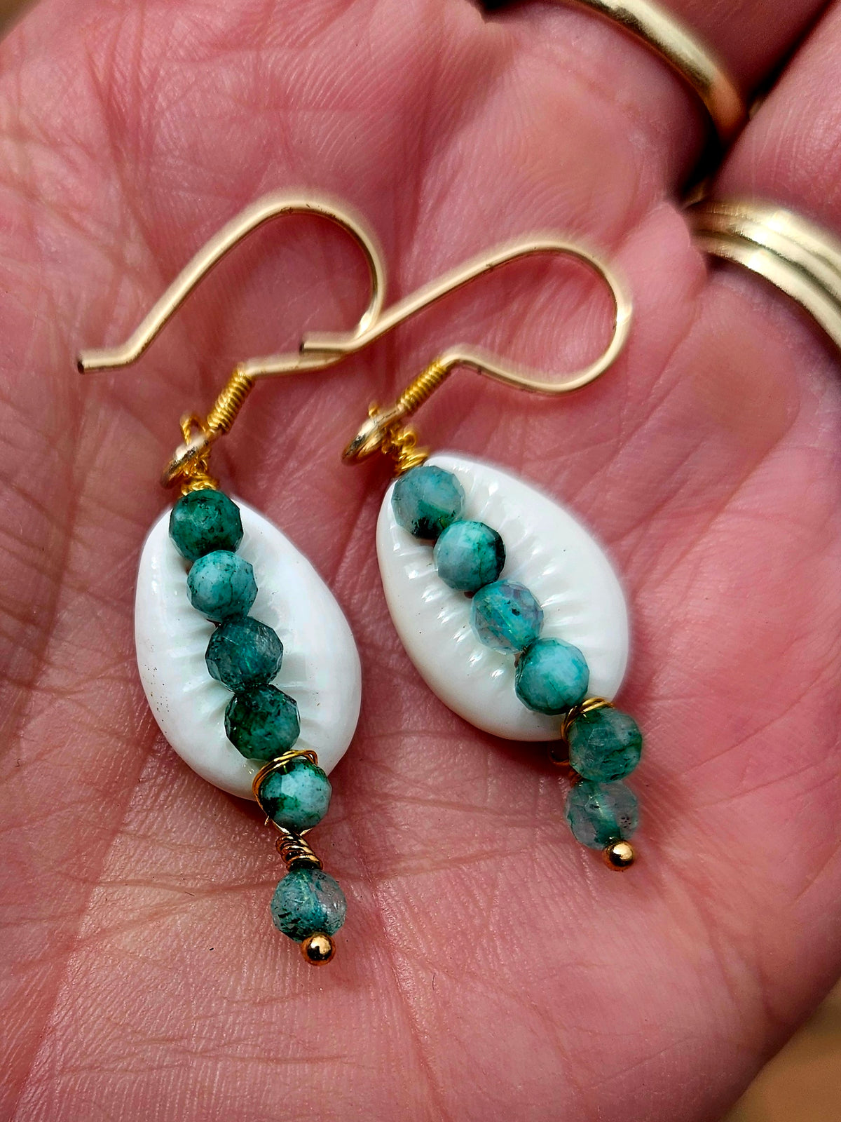 Tropical Ocean Inspired Green Labradorite & Conch Shell Earrings