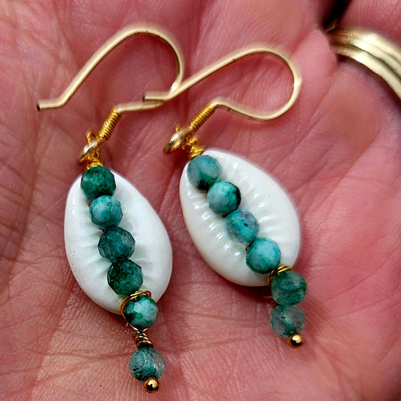 Tropical Ocean Inspired Green Labradorite & Conch Shell Earrings