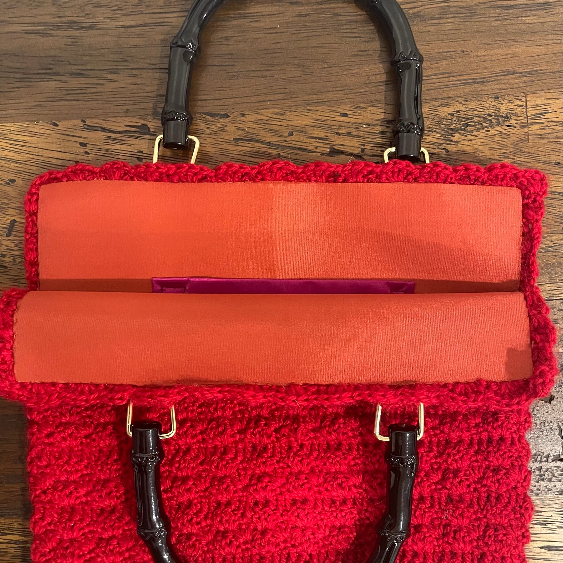 Red Crochet Handbag, 1950s Pattern, Bamboo Handles