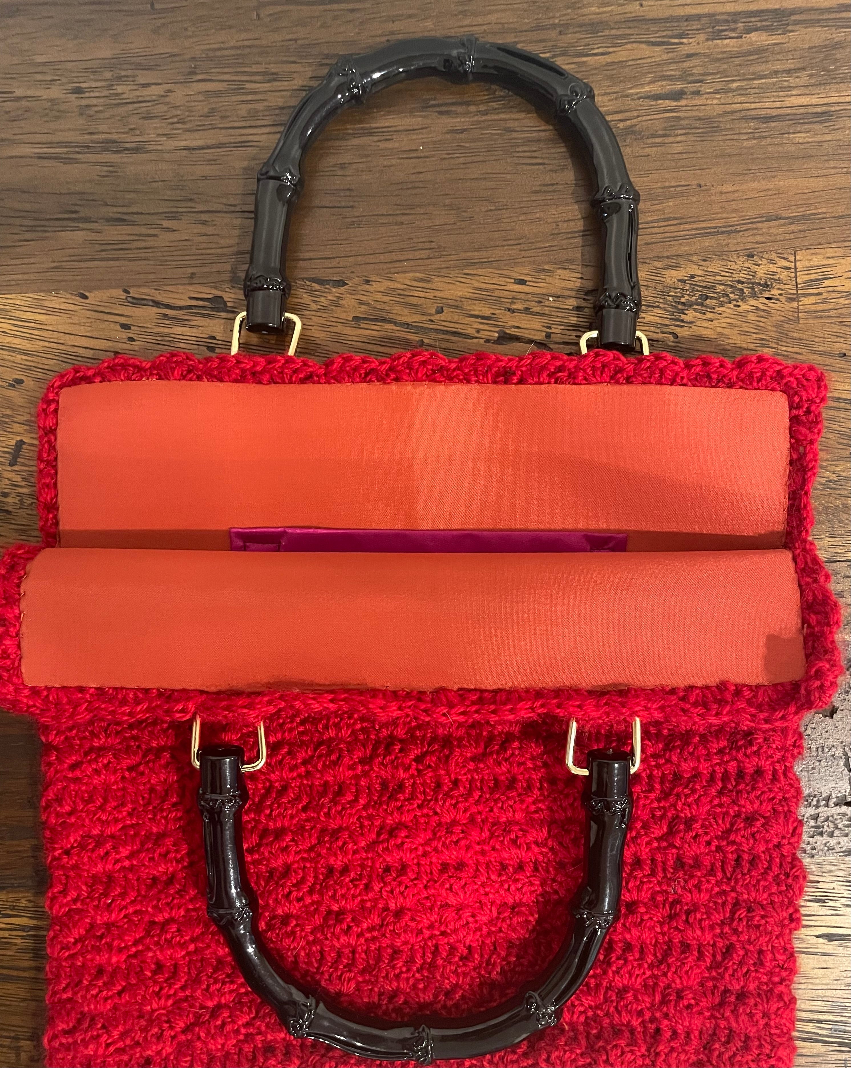 Red Crochet Handbag, 1950s Pattern, Bamboo Handles