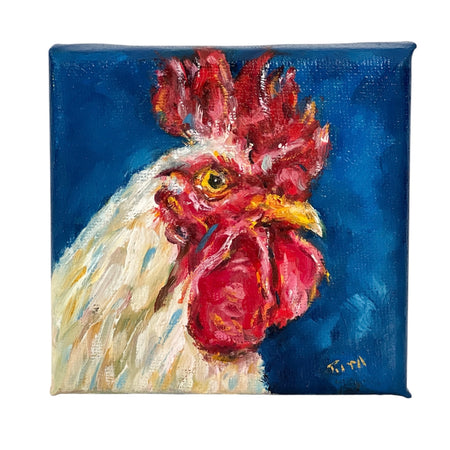 Original White Rooster Mini Oil Painting
