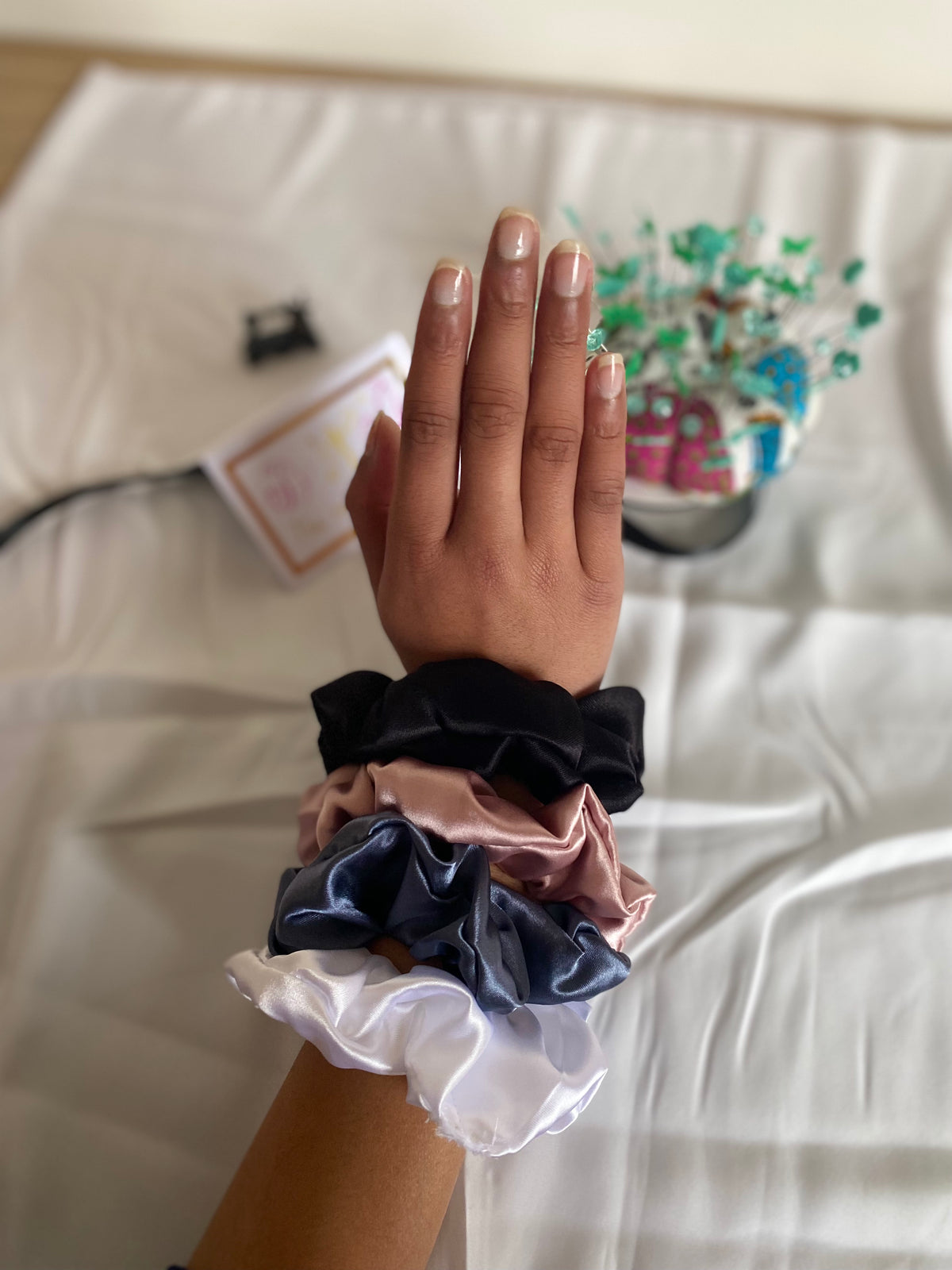 Handmade Satin Scrunchies – Elegant Neutral & Classic Colours Set of 4