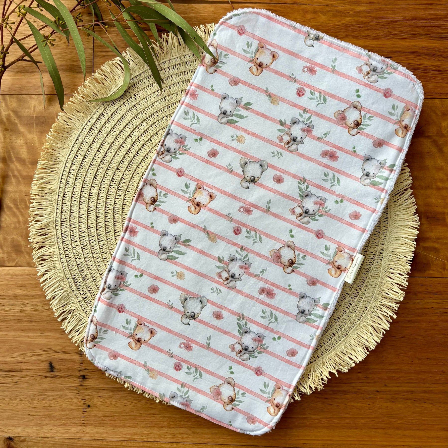 Baby Bib and Burp Cloth Set | Pink Koala Stripe | Made to Order