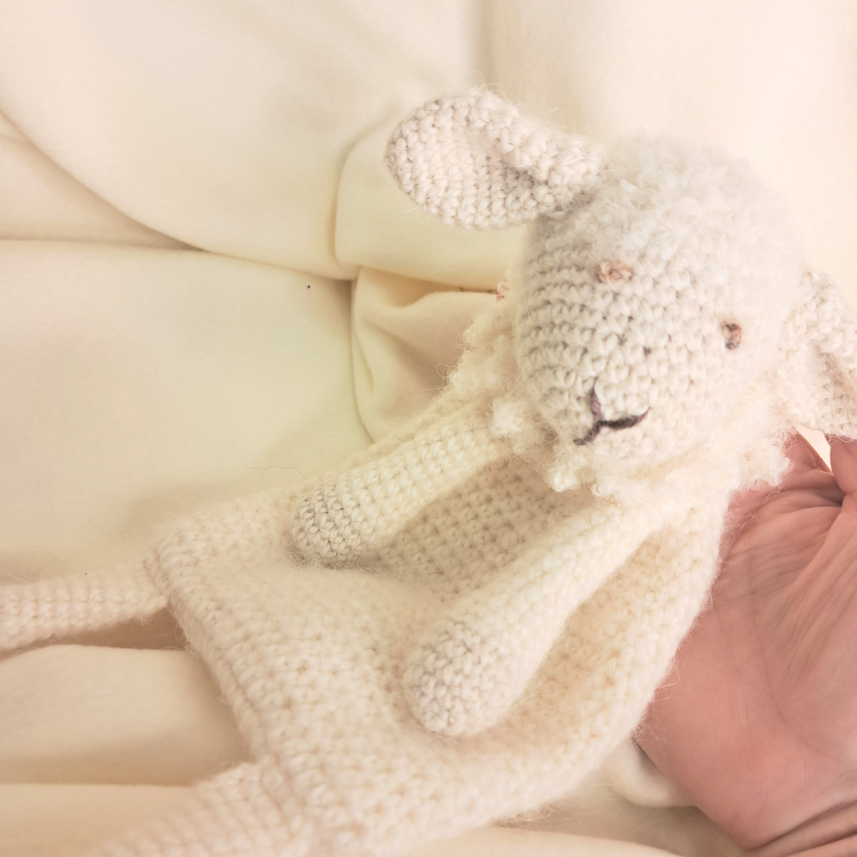 Handmade crochet sheep snuggler, Australian wool, alpaca, silk