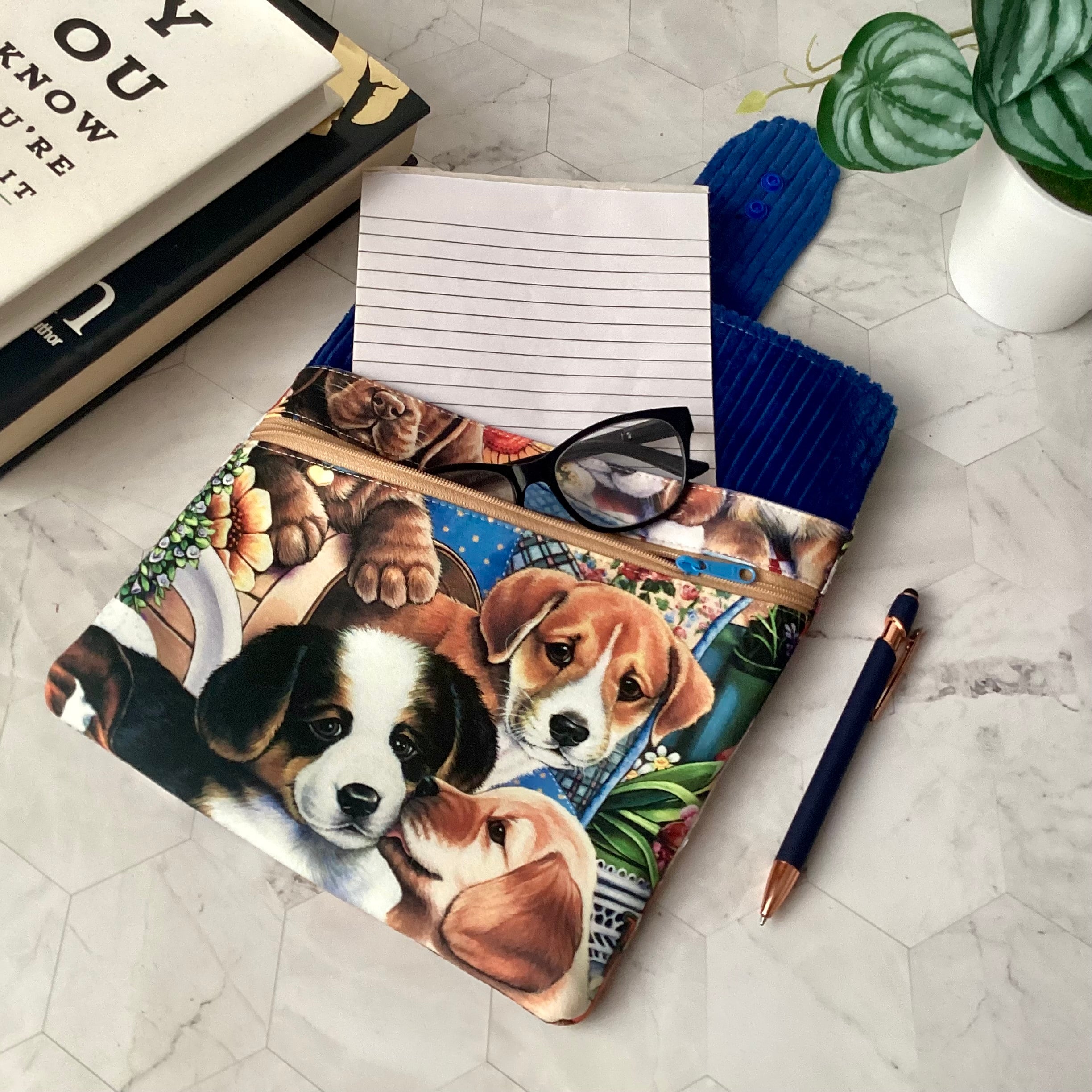 Puppy dogs fabric book sleeve with 2 pockets. iPad, tablet pouch