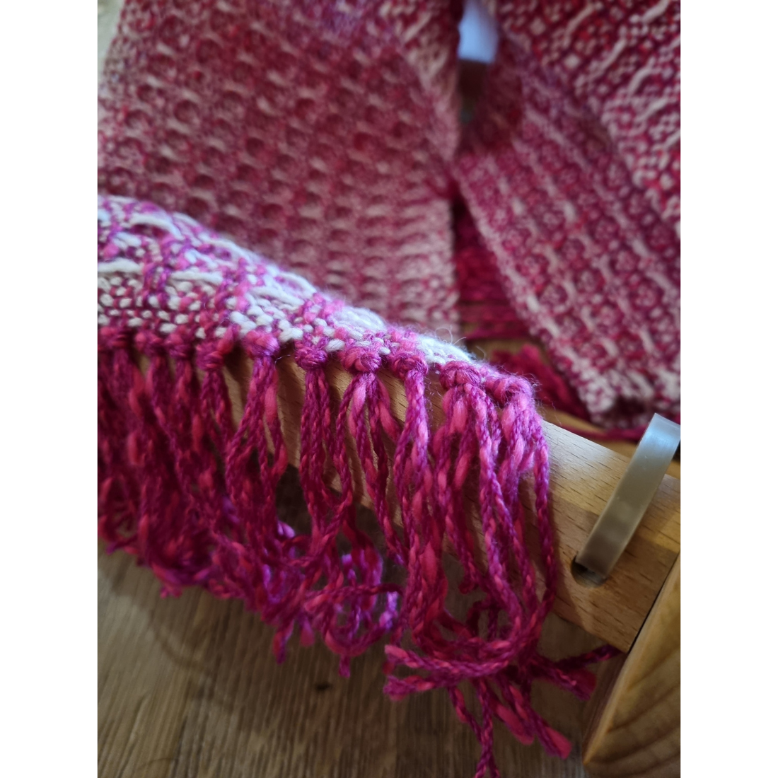 Cozy pink and white waffle-weave scarf