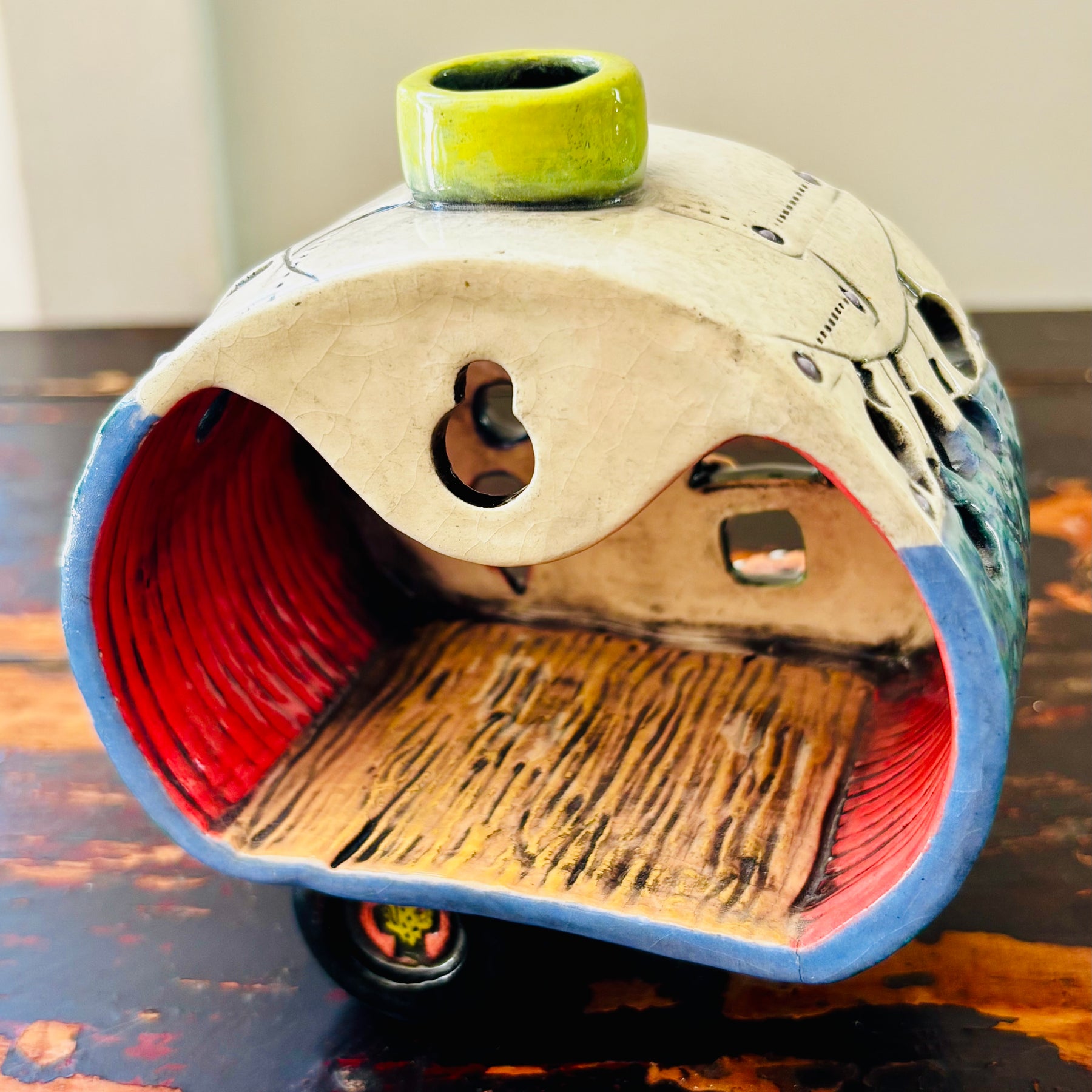 Handmade Ceramic Caravan Tea Light Lantern (Blue)