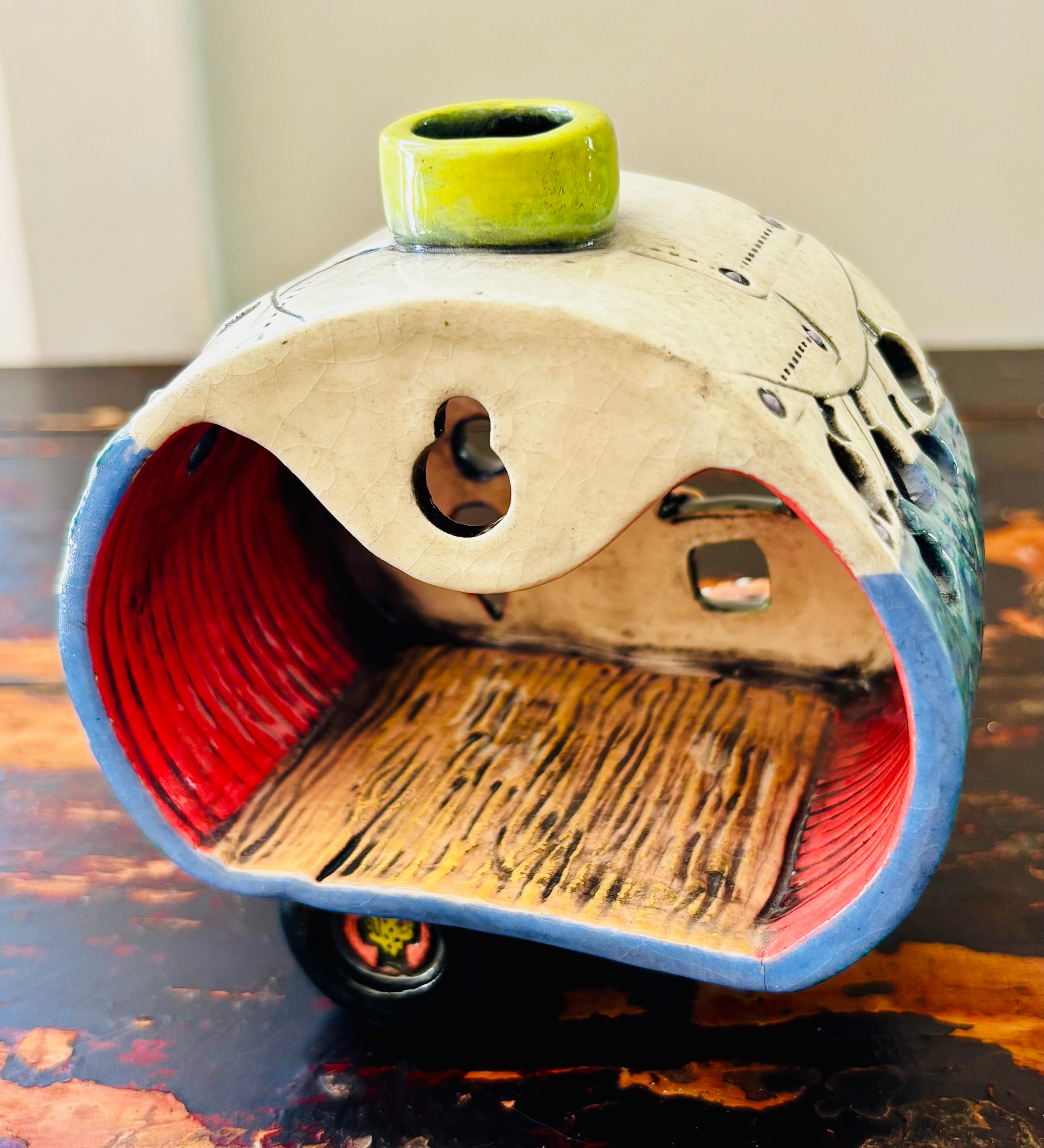 Handmade Ceramic Caravan Tea Light Lantern (Blue)
