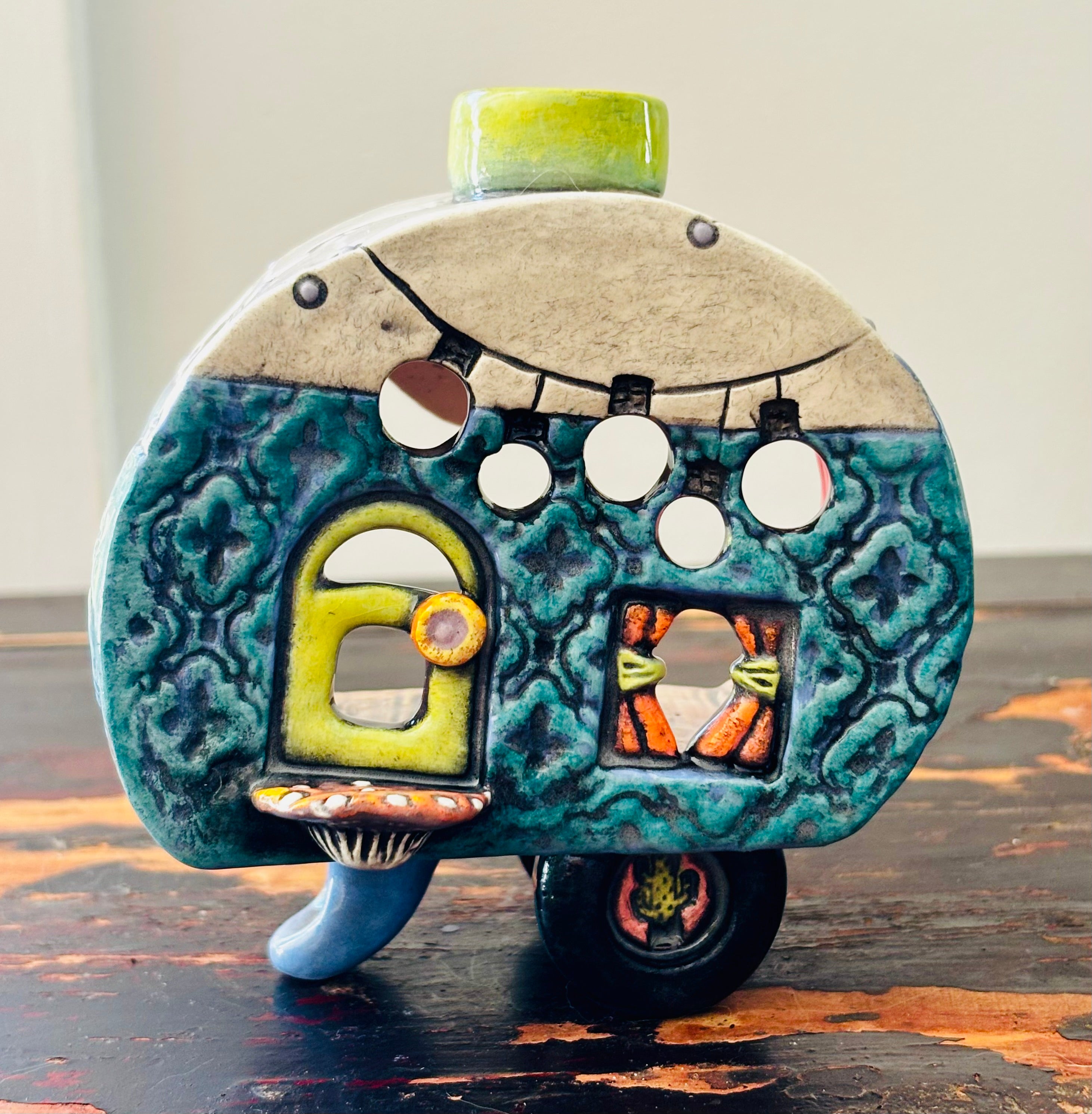 Handmade Ceramic Caravan Tea Light Lantern (Blue)