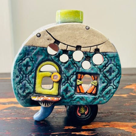 Handmade Ceramic Caravan Tea Light Lantern (Blue)
